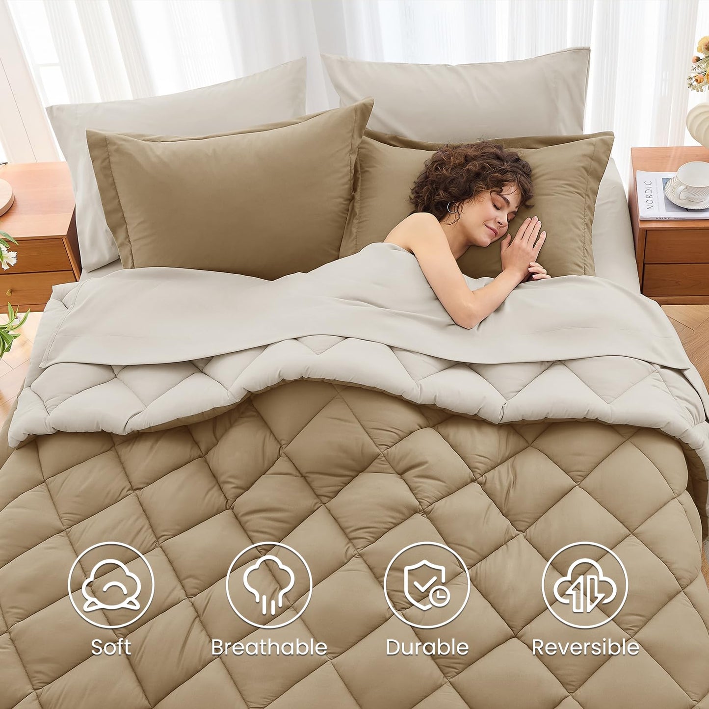 MUXHOMO 7 Pieces California King Comforter Set, Reversible Bed in a Bag Cal King Size, All Season Bedding Set with Comforter, Flat Sheet, Fitted Sheet, Pillowcases & Shams, Khaki & Linen
