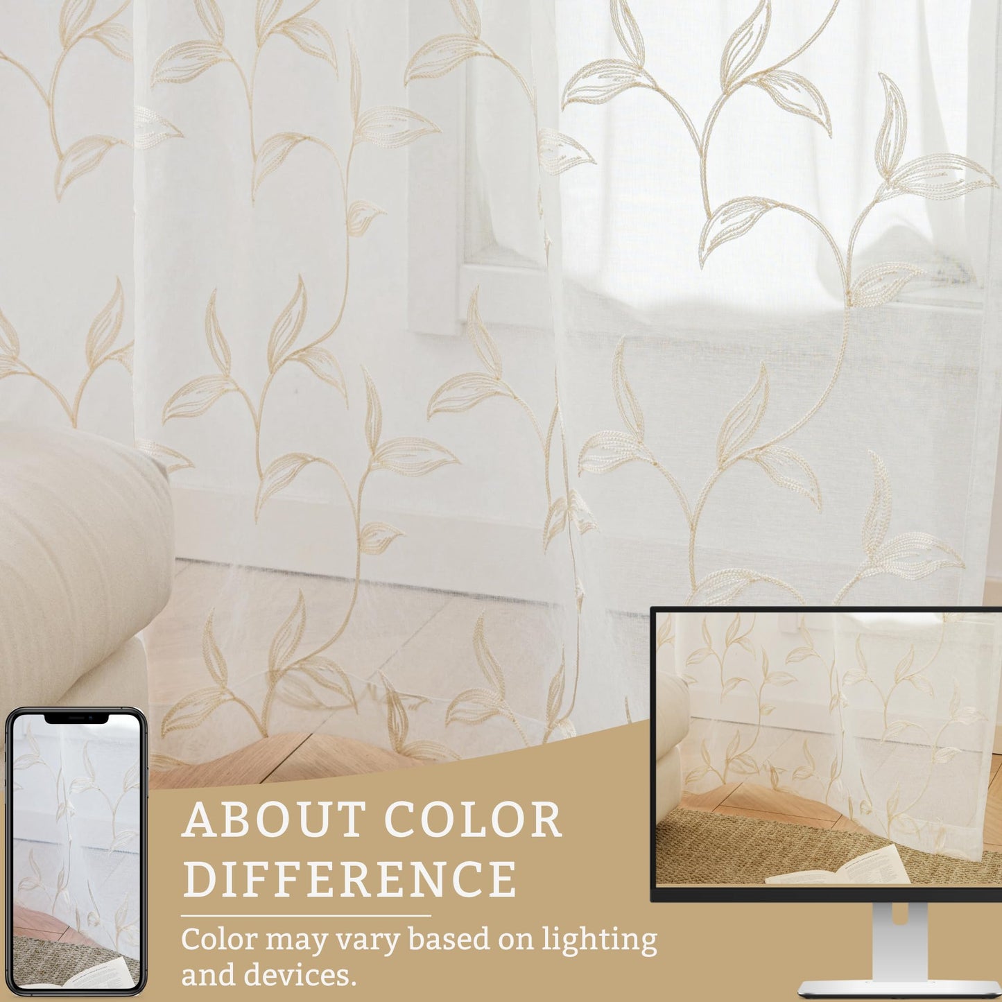 VISIONTEX 2 Panels Sheer Curtains 84 Inches Long, Cream Beige Floral Leaf Embroidered Semi Sheer Voile Curtains, Rod Pocket Light Filtering Window Drapes for Bedroom Living Room 54W x 84L