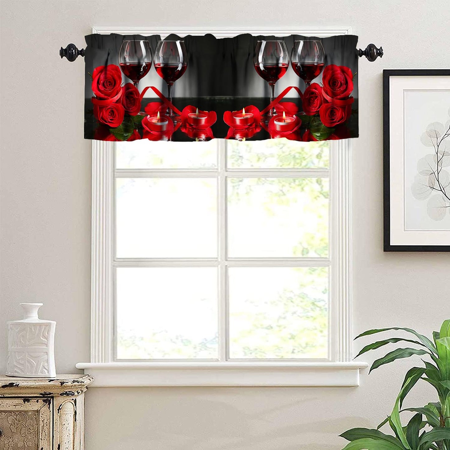 Red Rose Flowers and Wine Kitchen Curtains Valance, Red Wine with Rose and Glass Rod Pocket Window Valance for Bedroom Living Room Kitchen Cafe 1 Panels W54xL18in