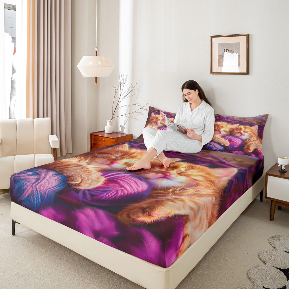 jejeloiu Cats Print Fitted Sheet with 1 Pillowcase Twin Size Purple Bed Sheets Set 16" Deep Pocket Boys Girls Cute Kitten Bedding Animal Teens Bedroom Decor Breathable Lightweight Microfiber