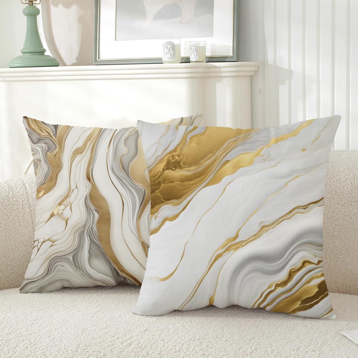 ZHLF Pack of 4,Gray Marble Throw Pillow Covers 18x18 Inch Two-Sided Grey Gold Abstract Art Modern Decorative Pillows Case Soft Cushion Covers for Couch Sofa Bed Home Living Room Décor