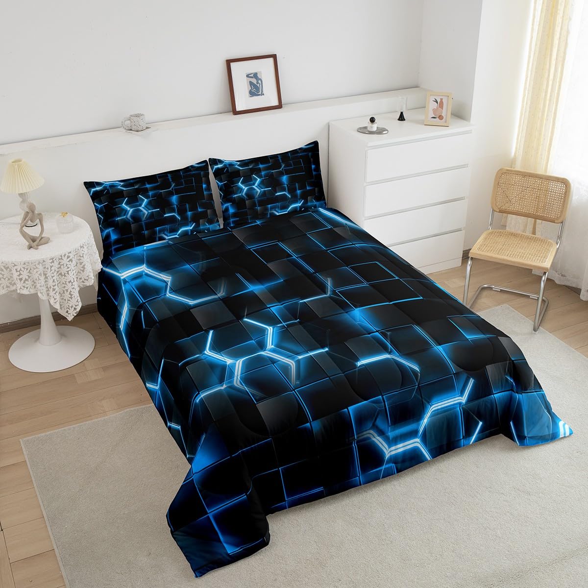 Feelyou Blue and Black Bedding Set Full Size Honeycomb Comforter Set for Kids Boys Girls Decor Hexagon Theme Comforter Geometrical Beehive Duvet Set