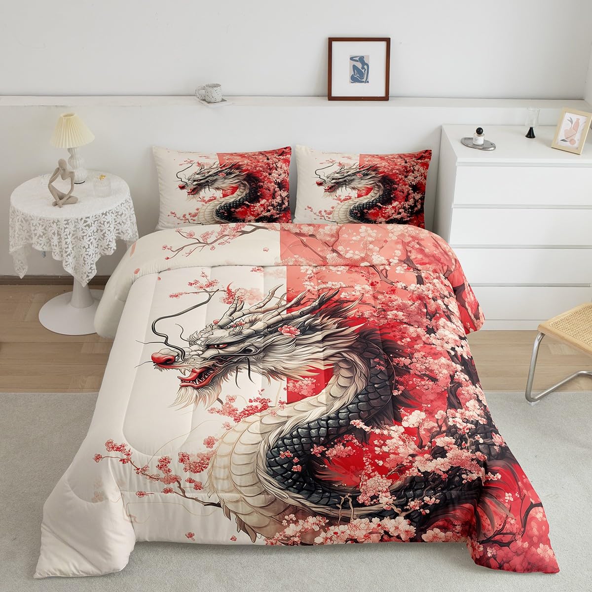 Erosebridal Girls Dragon Comforter Set Full Size, Japanese Style Animal Down Comforter Cherry Blossoms Sakura Bedding Set Ancient Wildlife Quilt for Kids Teens Adult Women Bedroom Decor, Pink