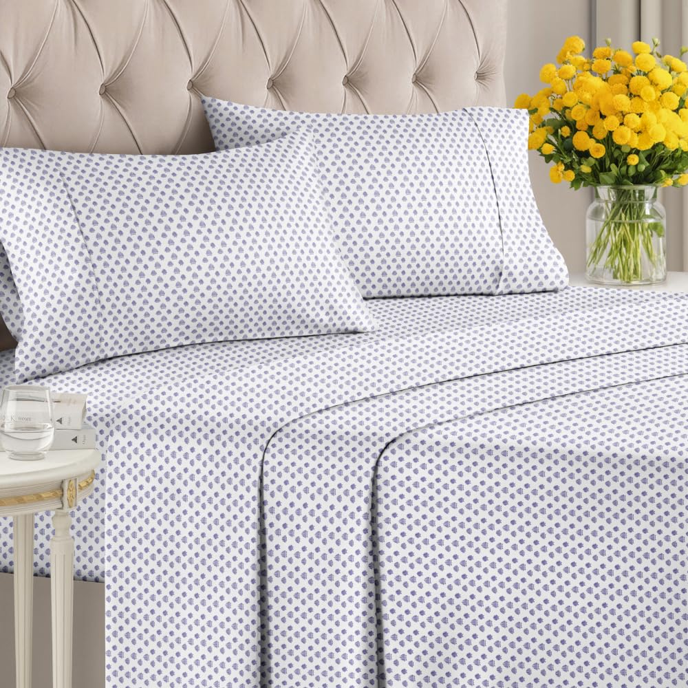 Coastal Bed Sheets - 1 Flat & 1 Fitted Sheet & 2 Pillowcases w/ Deep Pockets - Wrinkle & Fade Free Beach Themed Bed Set - Blue Sea Shell Bedding - Ultra-Soft, Breathable and Cooling - King Size