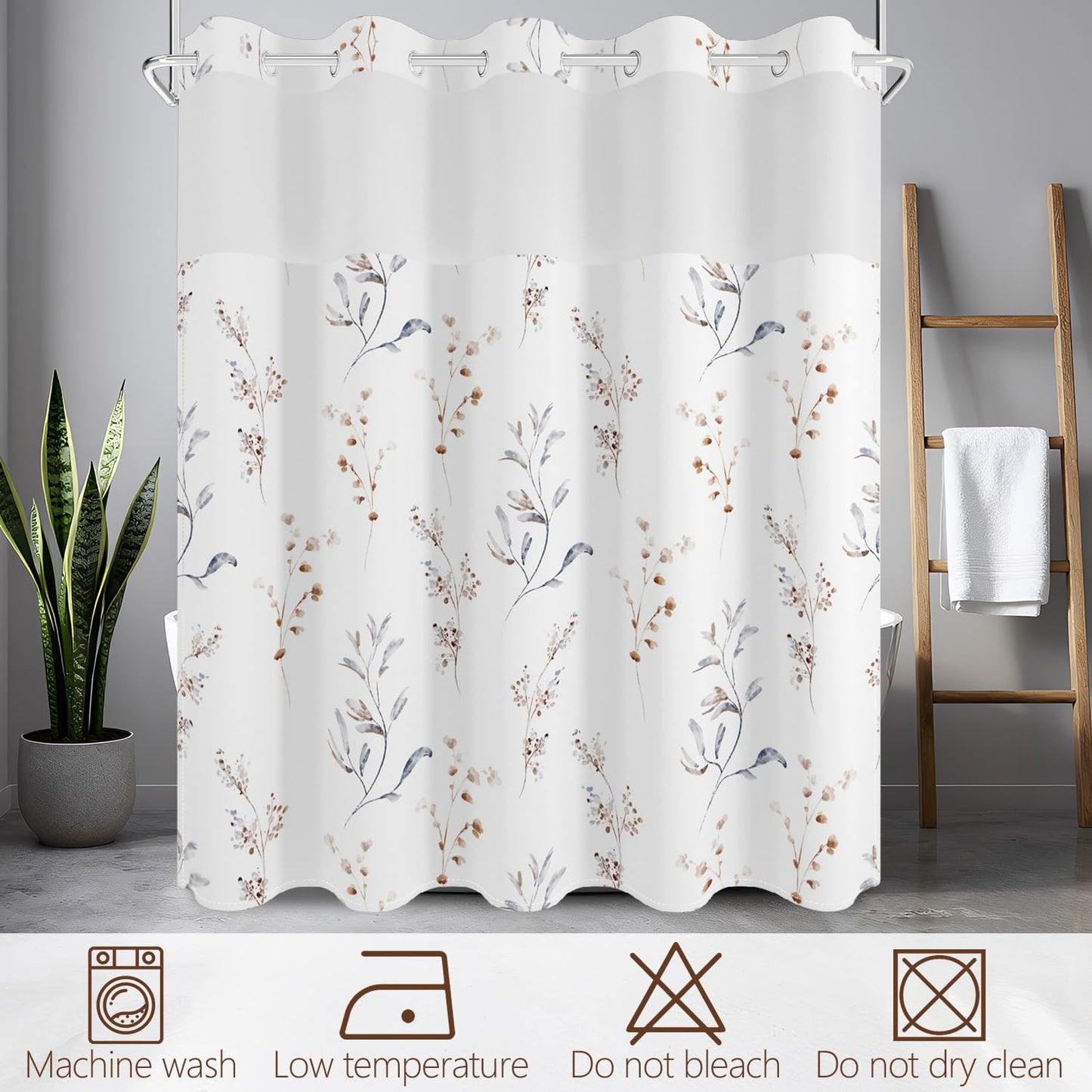 No Hook Shower Curtain with Snap in Fabric Liner Set, Waterproof & Washable, Boho Beige Floral Shower Curtains for Bathroom, Elegant Neutral Modern Hotel Botanical Flower Bathroom Curtain, 71x74 inch