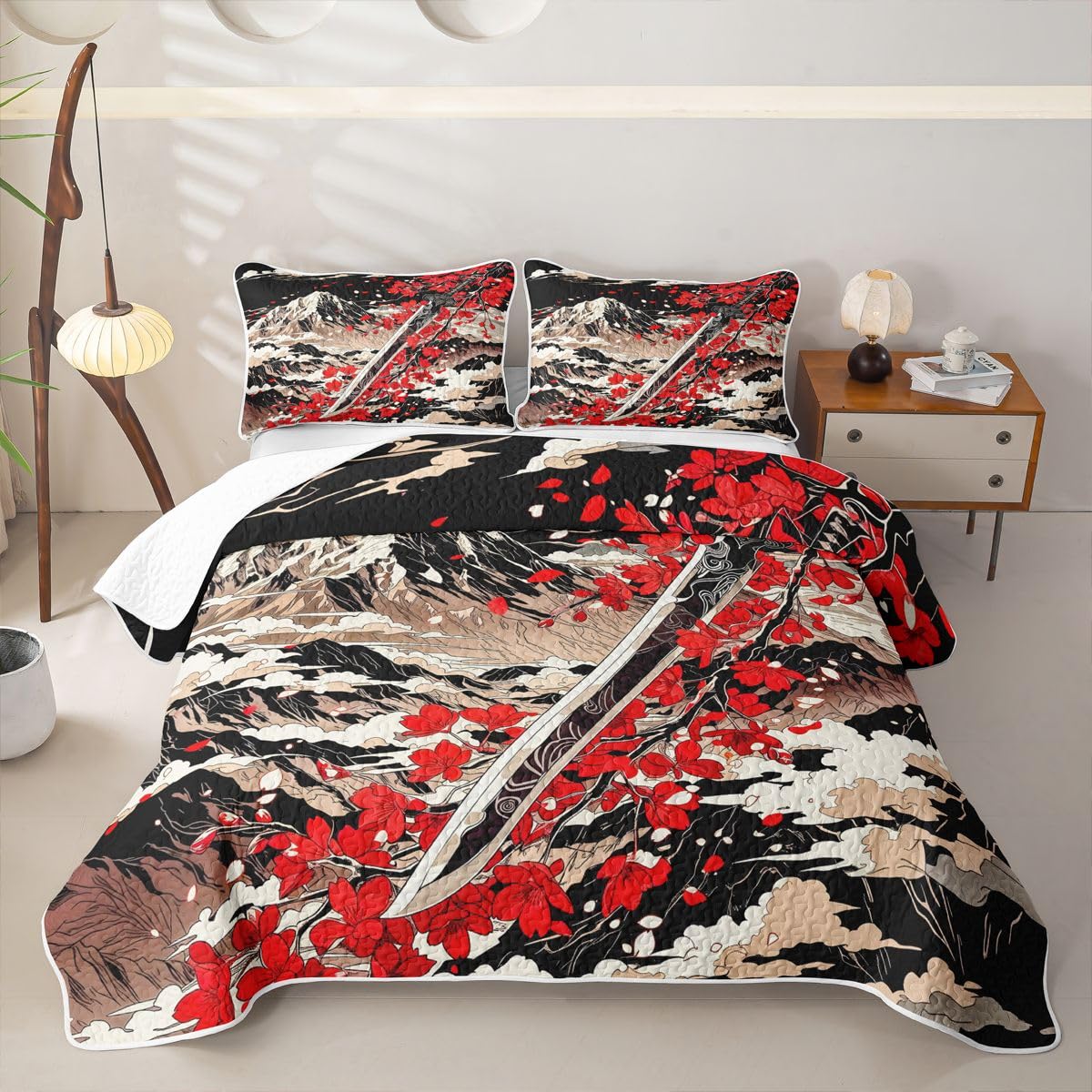 Erosebridal Japanese Style Quilts Twin Size - Red Japanese Cherry Blossoms Bedspread Coverlet Set, Mount Fuji Quilt Coverlets 2Pcs (Only 1 Pillowcase)