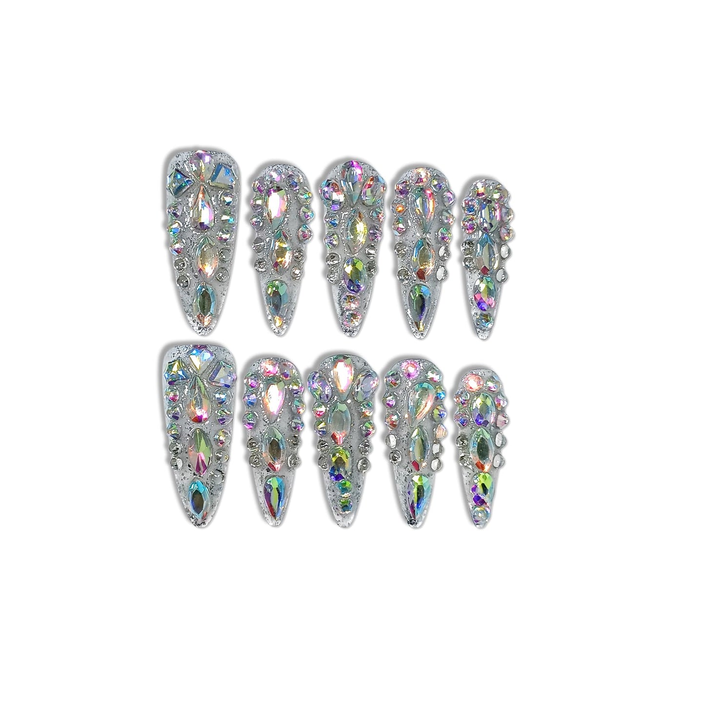 TENPAL 10Pcs Luxury Press On Nails Long Stiletto,Full Cover Crystal Glitter Fake Nail Set with Tools,Reusable Bride Wedding Nails for Bridal Party Bachelorette,Statement Making Glamorous Nail(XS)