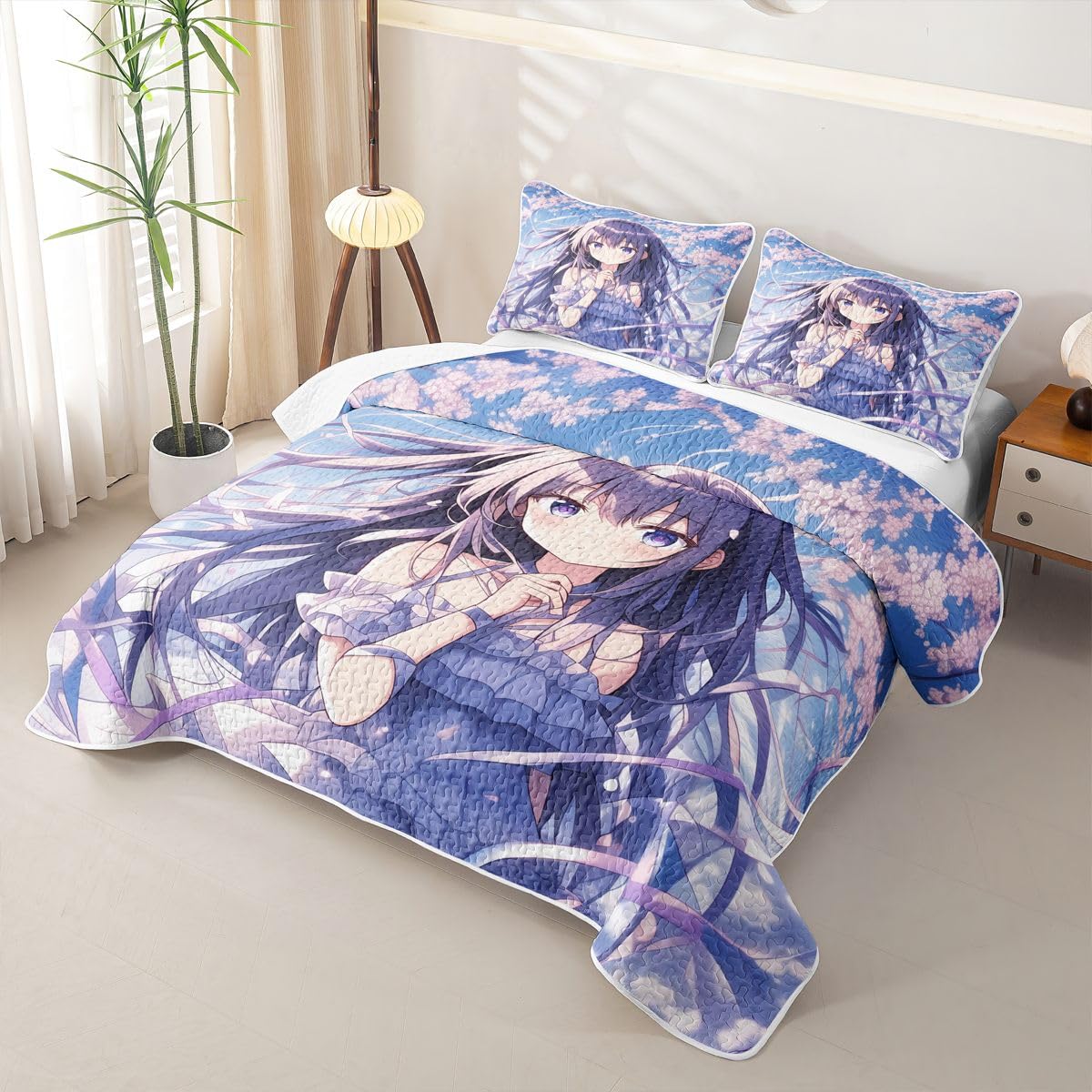 Erosebridal Japanese Girl Quilts Twin Size - Anime Gift Bedspread Coverlet Set, Cherry Blossoms Quilt Coverlets 2Pcs (Only 1 Pillowcase)