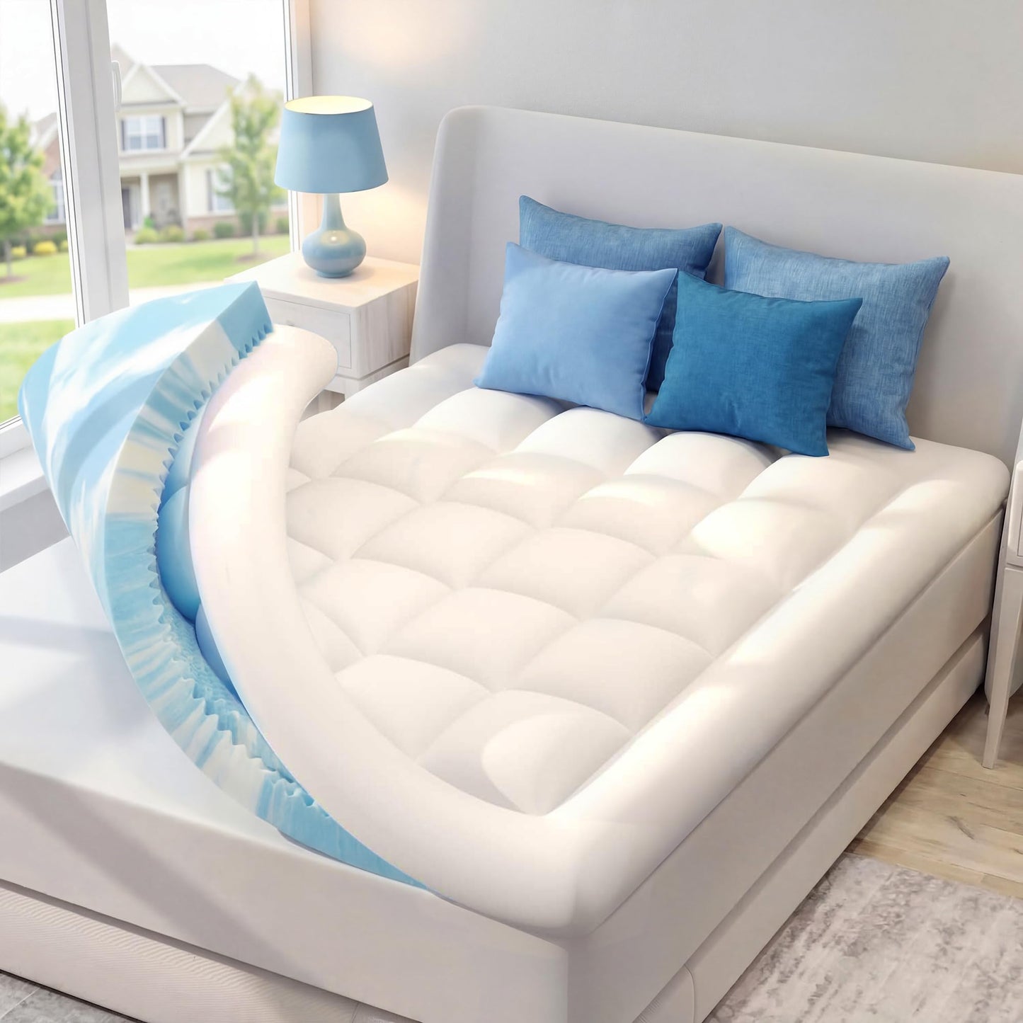 SINWEEK Dual Layer 4 Inch Memory Foam Mattress Topper, Queen Size, 2 Inch Cooling 5-Zone Gel Memory Foam Plus 2 Inch Extra Thick Pillowtop Cover, Pressure Relieve Soft Mattress Pad,Light Blue