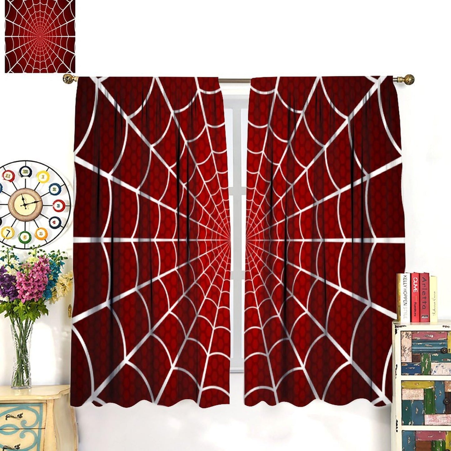Djaby Red Spider Web Curtain, Scary Spider Web Halloween Theme Print Window Drapes for Kids Baby Nursery Room Bedroom Living Room 42" W X 45" L(No Blackout)
