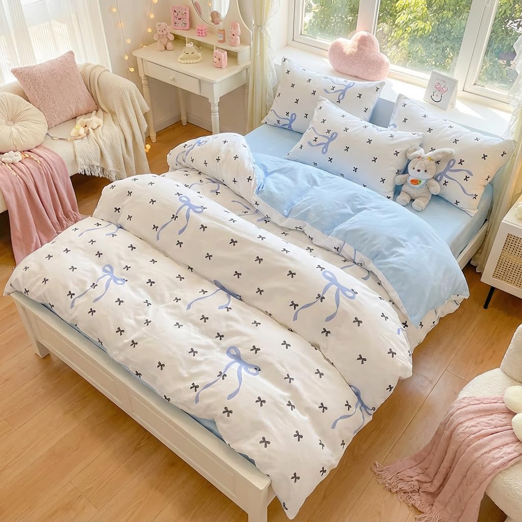 Sedefen Blue Bow Duvet Cover Queen Size Black Bowknot on White Duvet Cover 3 Pieces Kids Boys Girls Cute Bows Printed Princess Style Bedding Set with 2 Pillowcases Soft Microfiber