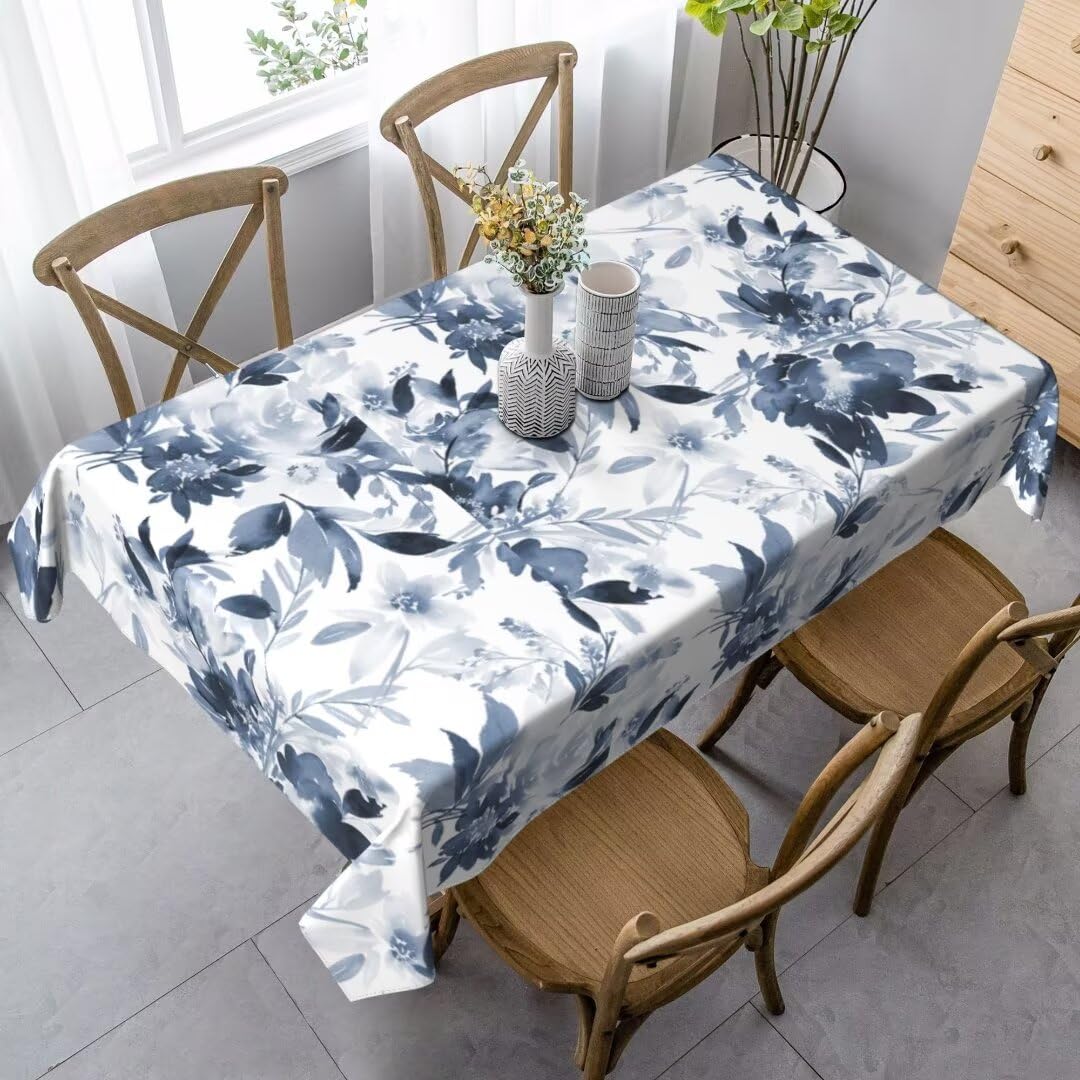 Sunshineyan Navy Blue Floral Tablecloth 60 x 84 Inch Rectangle, Dark Blue and White Flower Tablecloths Tablecloths Polyester Spring Table Cloth for Holiday Parties Kitchen Dining Indoor Outdoor