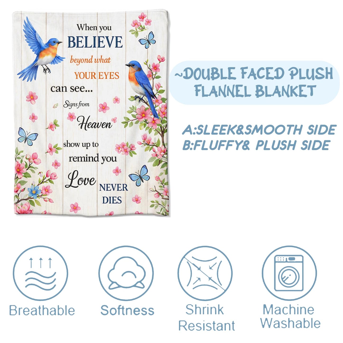 Zeleda Floral Bluebird Flannel Blanket, Soft Cozy Throw with Animal and Butterfly Flower, Rustic Home Bedroom Decor and Gifts for Women Kids Girls, Lightweight Blankets for All Seasons, 50x60 Inch