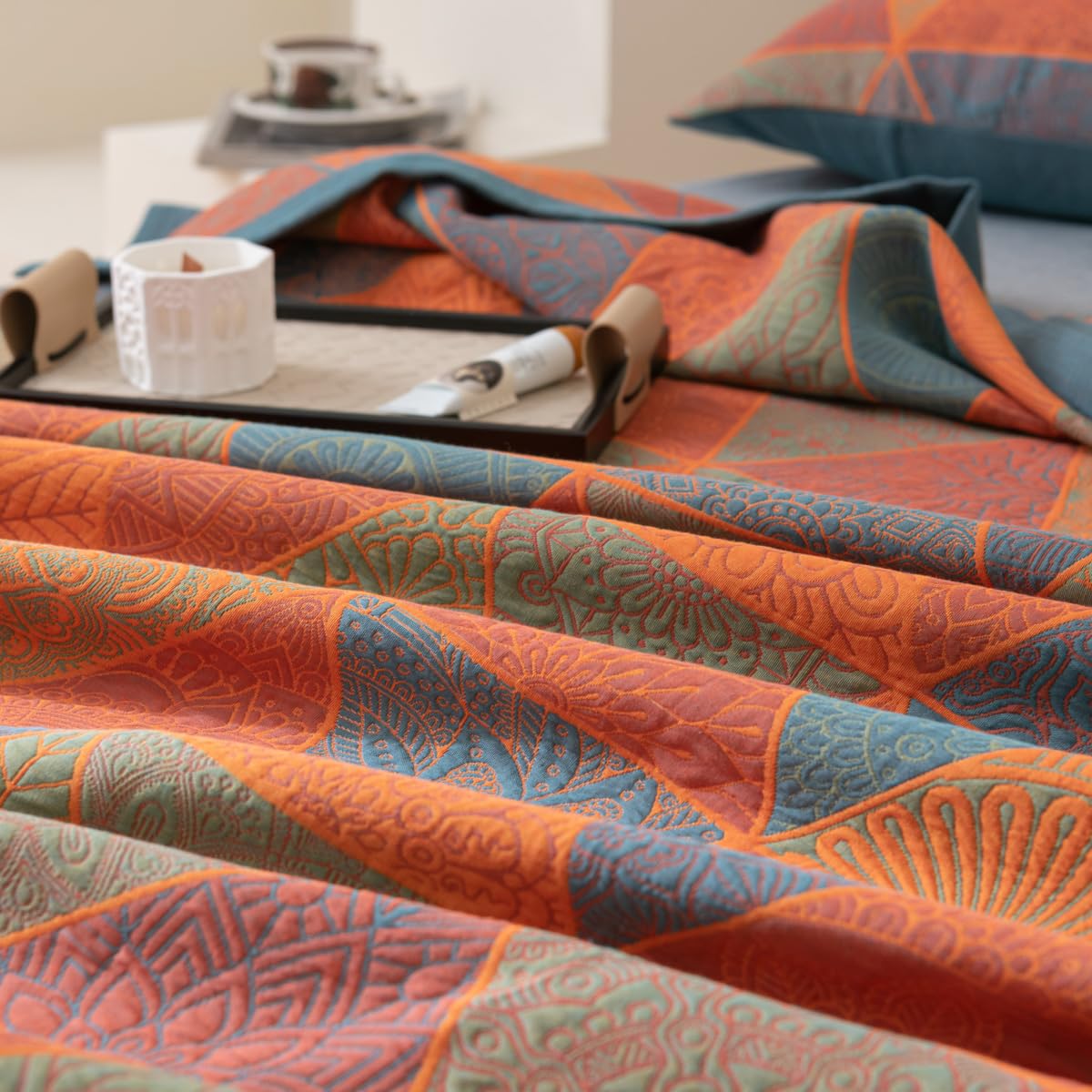 Purefair 100% Cotton Muslin Blanket Jacquard Bohomian Mandala Triangle Print Quilt, Soft Bed Cover Reversible Bedspread Coverlet Breathable Lightweight Bedding Full/Queen(78"x94"), No Pillow Sham