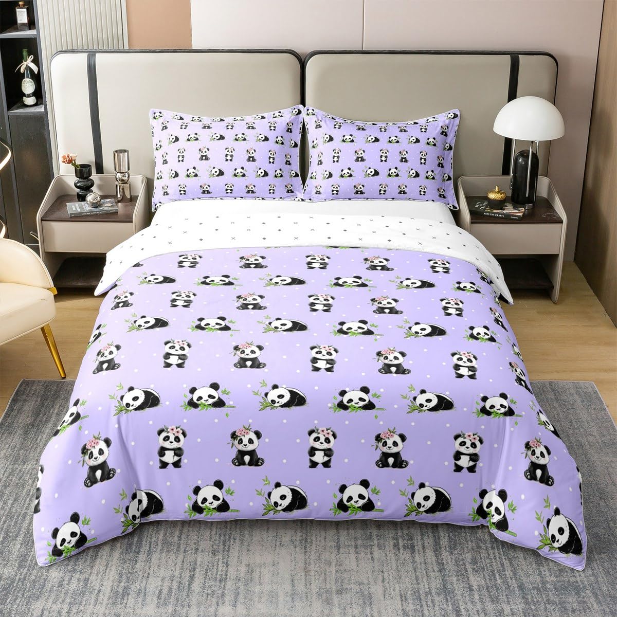 Manfei Kawaii Panda 100% Cotton Duvet Cover Set Twin Size, Cute Panda Print Bedding Set 2pcs, Cartoon Animals Purple Quilt Cover, Kids Girls Teens Room Decor, 1 Pillowcase,No Comforter