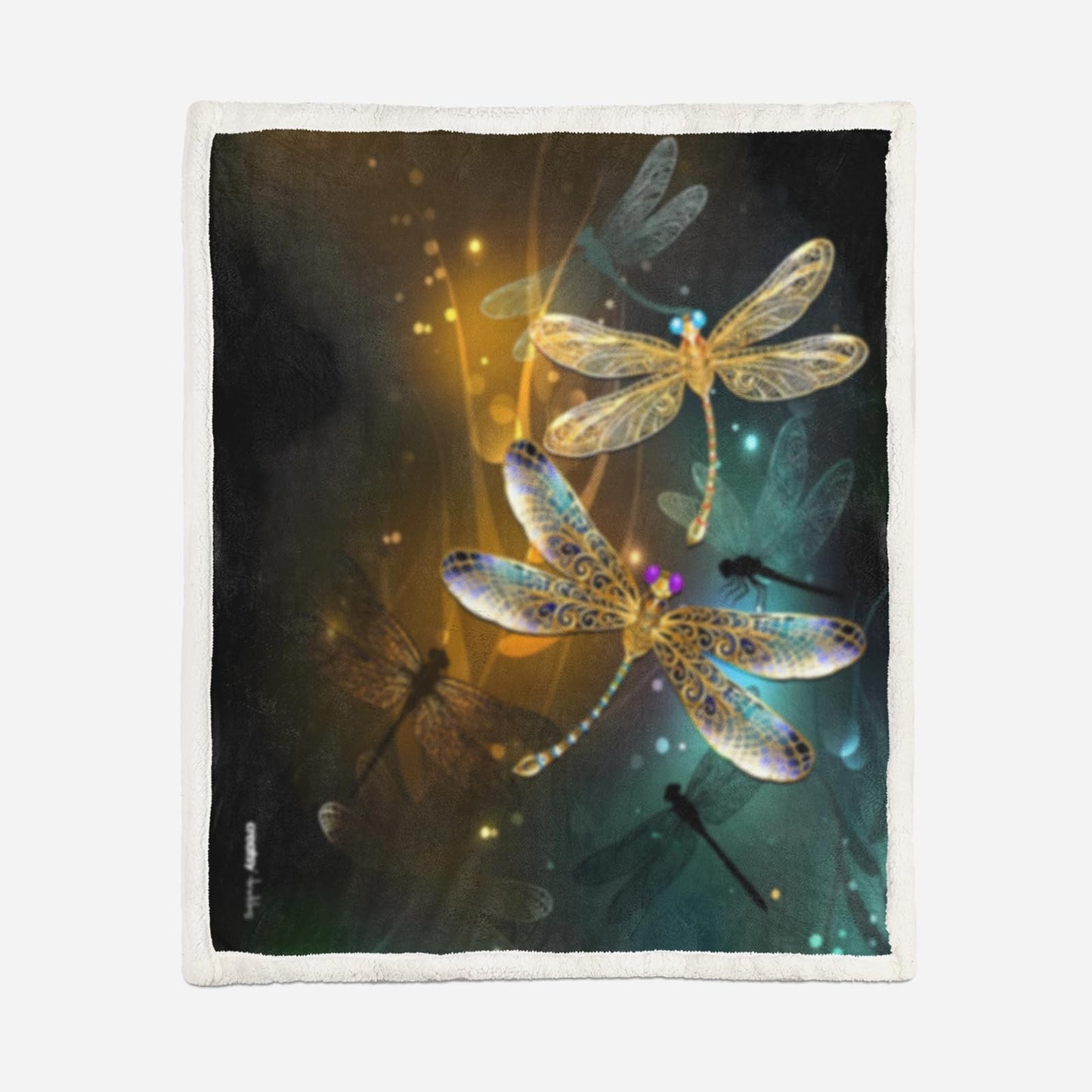 AILONEN Colorful Dragonfly 70 x 55 Inches Throw Blanket,Beautiful Dragonflies Sparkly Fleece Sherpa Blanket for Girls Women,Yellow & Green Gradient Blanket,Soft Warm