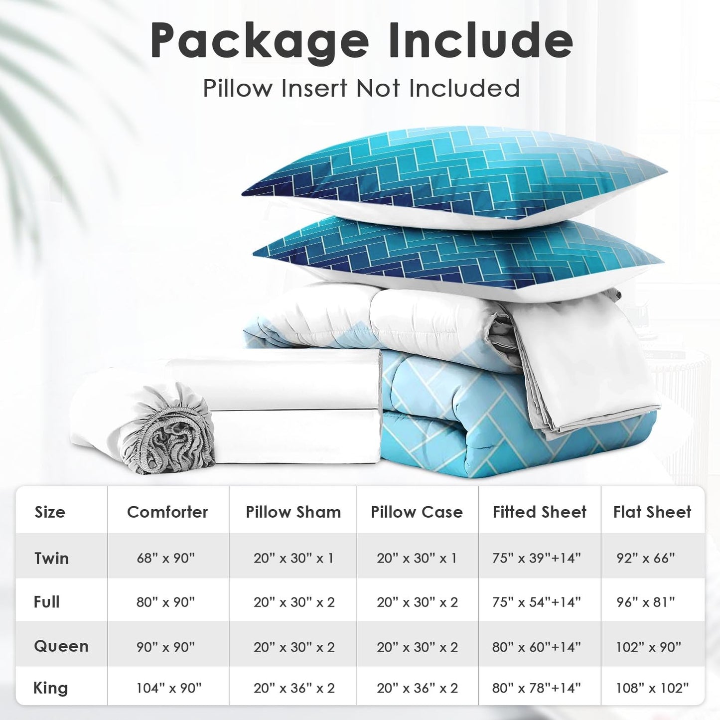Boewywh Comforter Set Twin Size Geometric Blue Modern 7 Pcs, Bedding for Kids and Adults, Coastal Ocean Bed Sheet Sets with Fitted Sheet 2 Pillowcases & 2 Shams for Bedroom Bed Decor