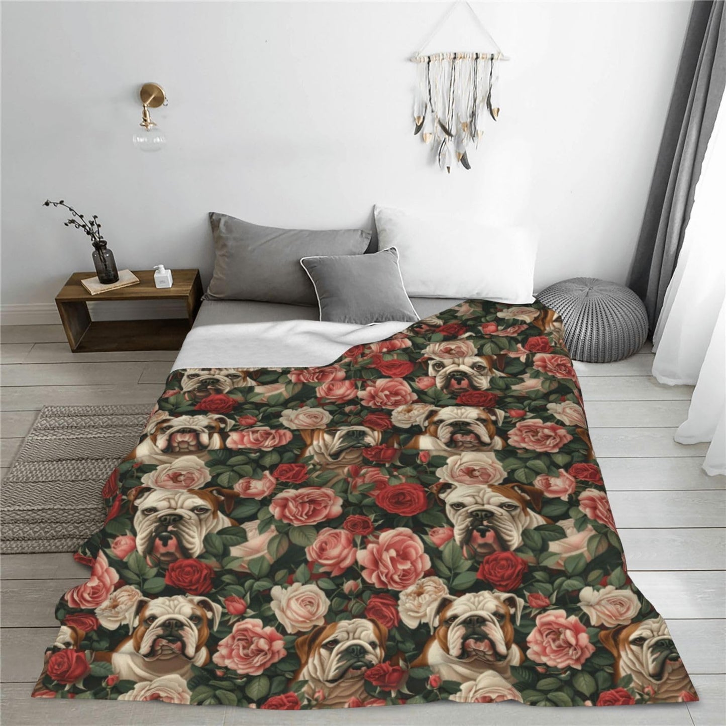 TZJCCMAY English Bulldog Blanket for Kids Women Adults, Floral Dog Lover Throw Blankets, Soft Lightweight Fleece for Bed Sofa Home Living Room Decor, Birthday Gifts, 50x60in