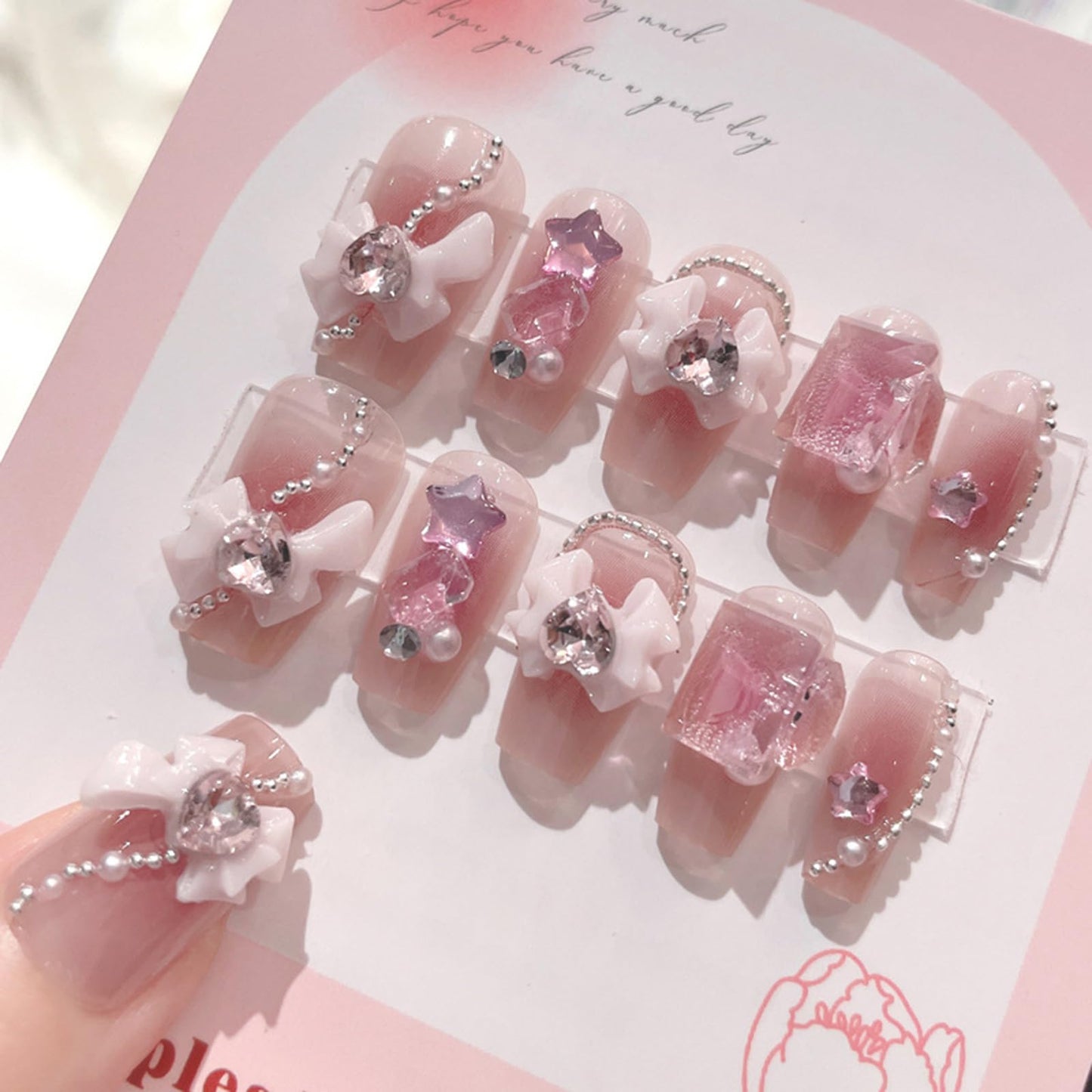 SINHOT Luxury Press on Nails - Medium Almond Fake Nails 3D Handmade Cute Star Reusable False Nails with Rhinestone Designs,DIY Artificial Nail Art, 24pcs
