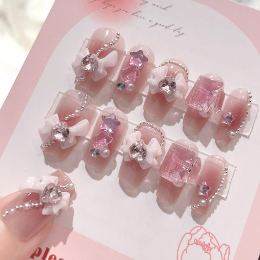 SINHOT Luxury Press on Nails - Medium Almond Fake Nails 3D Handmade Cute Star Reusable False Nails with Rhinestone Designs,DIY Artificial Nail Art, 24pcs