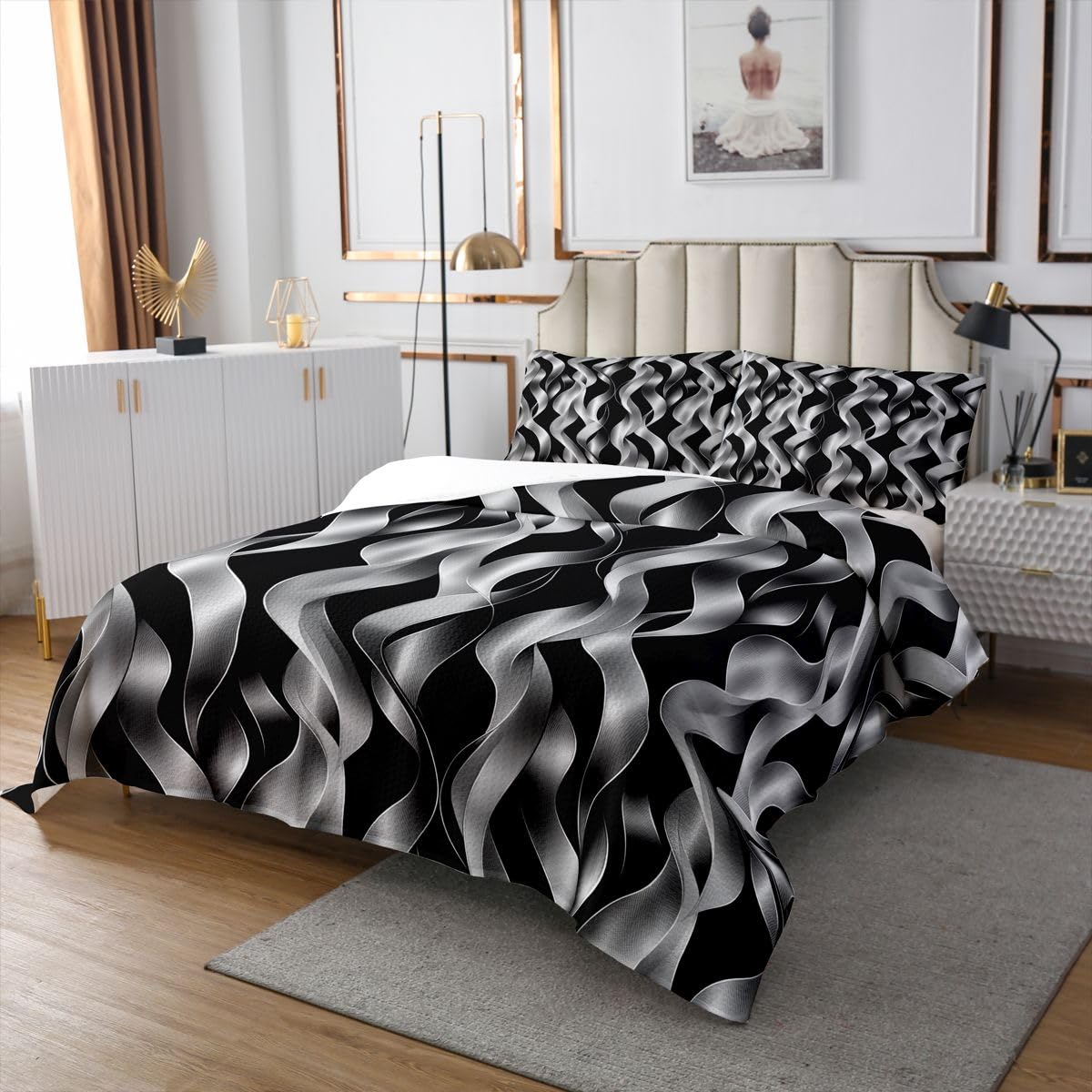 jejeloiu Modern Abstract Geometric Bedspread 3 Pieces Queen Size Geometric Spiral Pattern Coverlet Set Soft Cozy Black Lightweight Quilted Coverlet for All Season with 2 Pillowcases Modern Striped