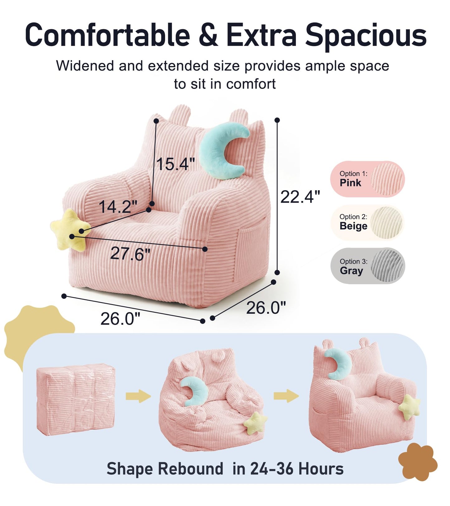 little dove Bean Bag Chairs for Kids, Comfy Bean Bag Chair with 2 Plush Toys, Toddler Chair with Pocket, Stuffed Lazy Sofa with Filler for Boys and Girls, Kids Chairs for Gaming, Reading, Pink