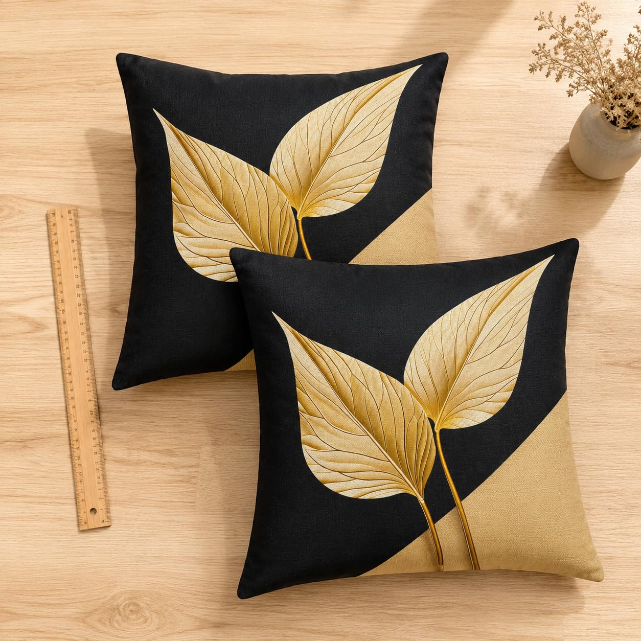 avpdupu Floral Pillow Covers 18x18 Inch Linen Set of 2 - Black and Gold Pattern Throw Pillow Covers for Sofa, Decorative Cushion Covers for Living Room and Outdoor Use