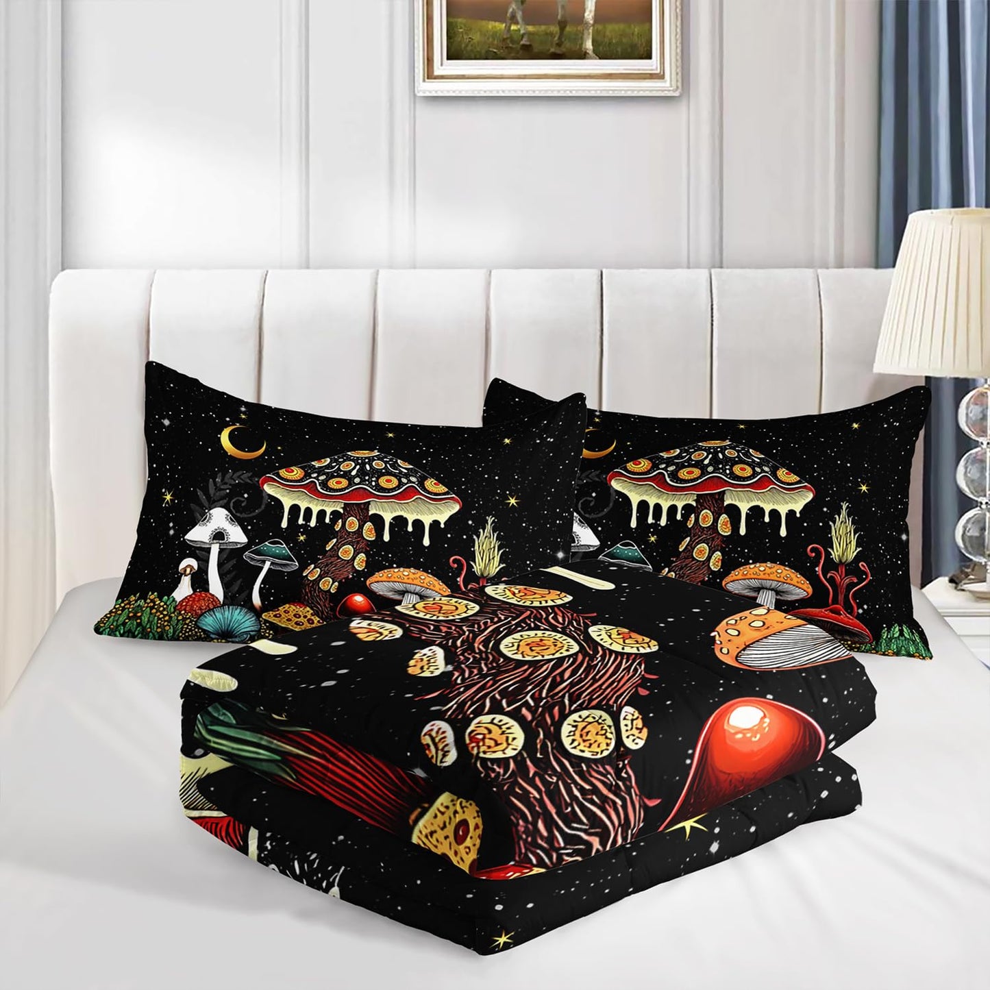 XYNHML Kids Cute Mushroom Comforter 3Pcs Queen Natural Wild Botanical Fungus Bedding Set for Kid Teen Girl Boy Adult Plants Floral Moon Night Star Quilt Bed Decor with 1 Comforter and 2 Pillowcases