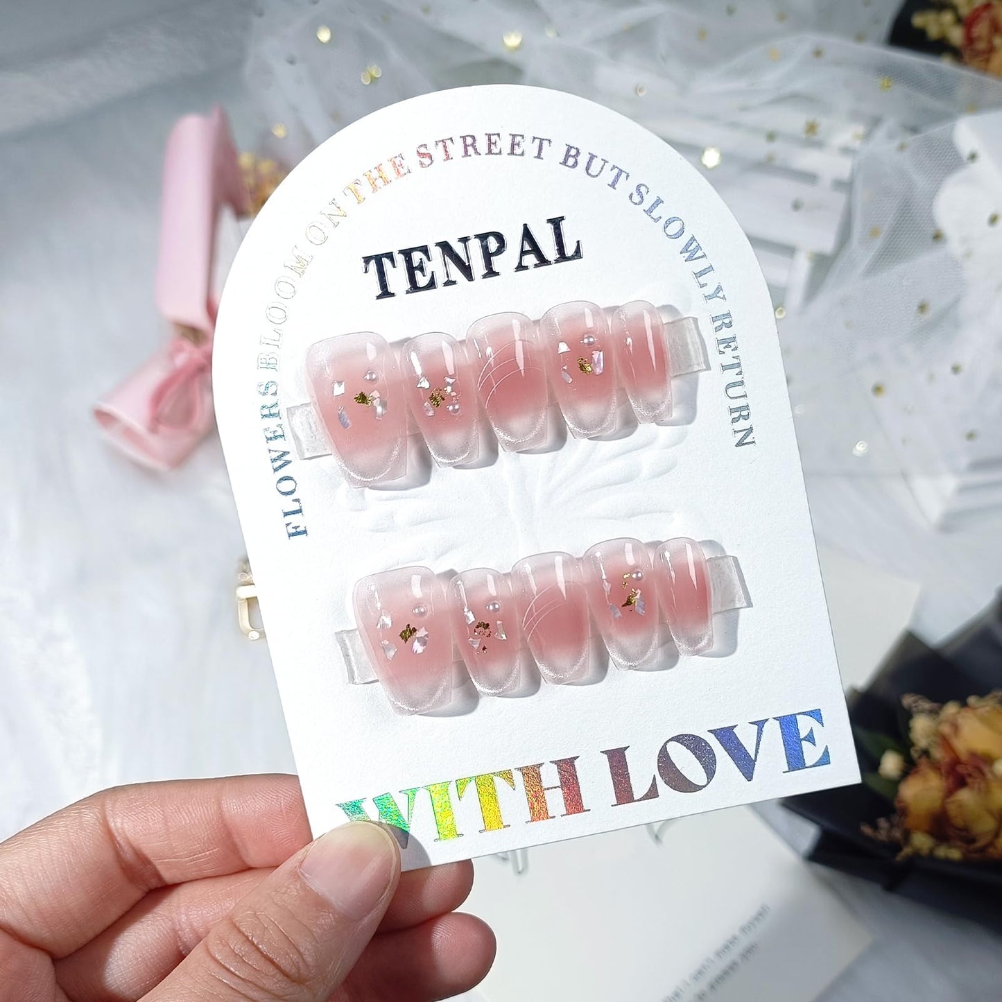 TENPAL 10Pcs Handmade Press on Nails with Kit | Pearl Blush Cat Eye Coffin Nails | Gold Leaf & Mother-of-Pearl Gradient Fake Nails Press ons | K-Beauty Sweet Detachable Pink Glue on Nails Set(XS)