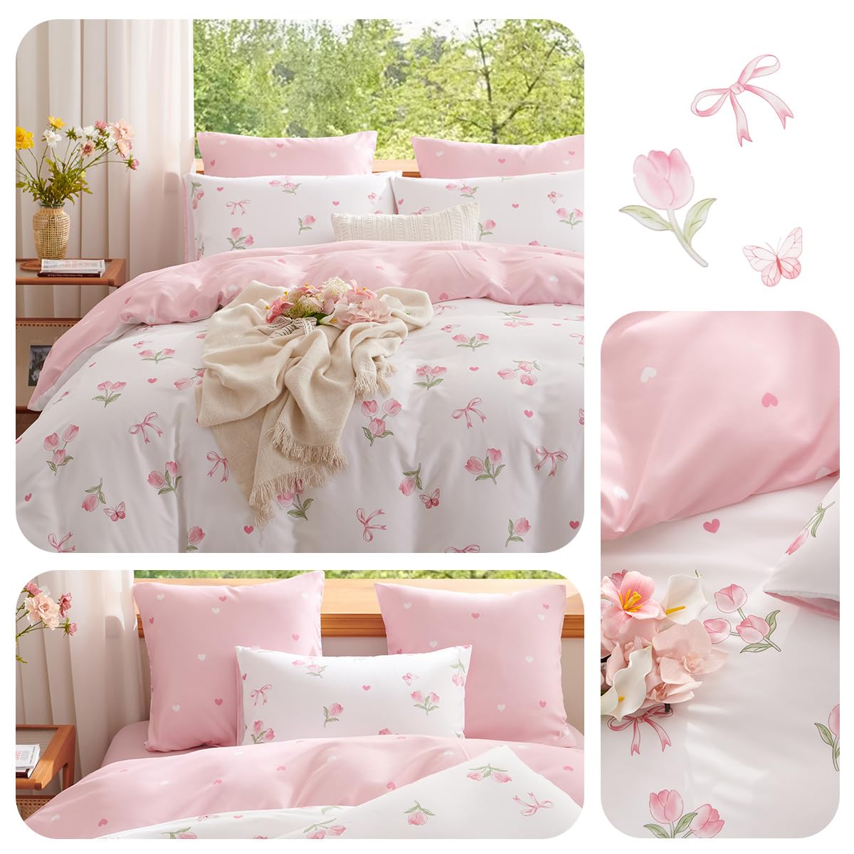 Erwinmu Floral Comforter Set King Size - 3 Pieces Pink White Floral Tulips Bow Comforter Bedding Sets Reversible Pattern,King Bed in a Bag with Flowers Comforter and 2 Pillowcases