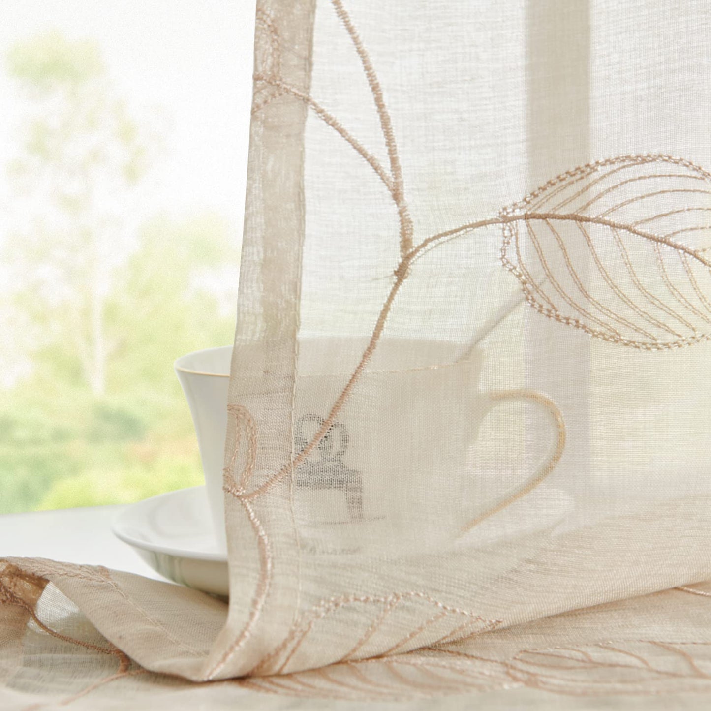 Topick Beige Sheer Leaf Curtain Kitchen Valance for Windows Leaf Embroidered Voile Small Curtain Valance Semi Sheer Farmhouse Curtain 16 Inch Rod Pocket 1 Panel Beige