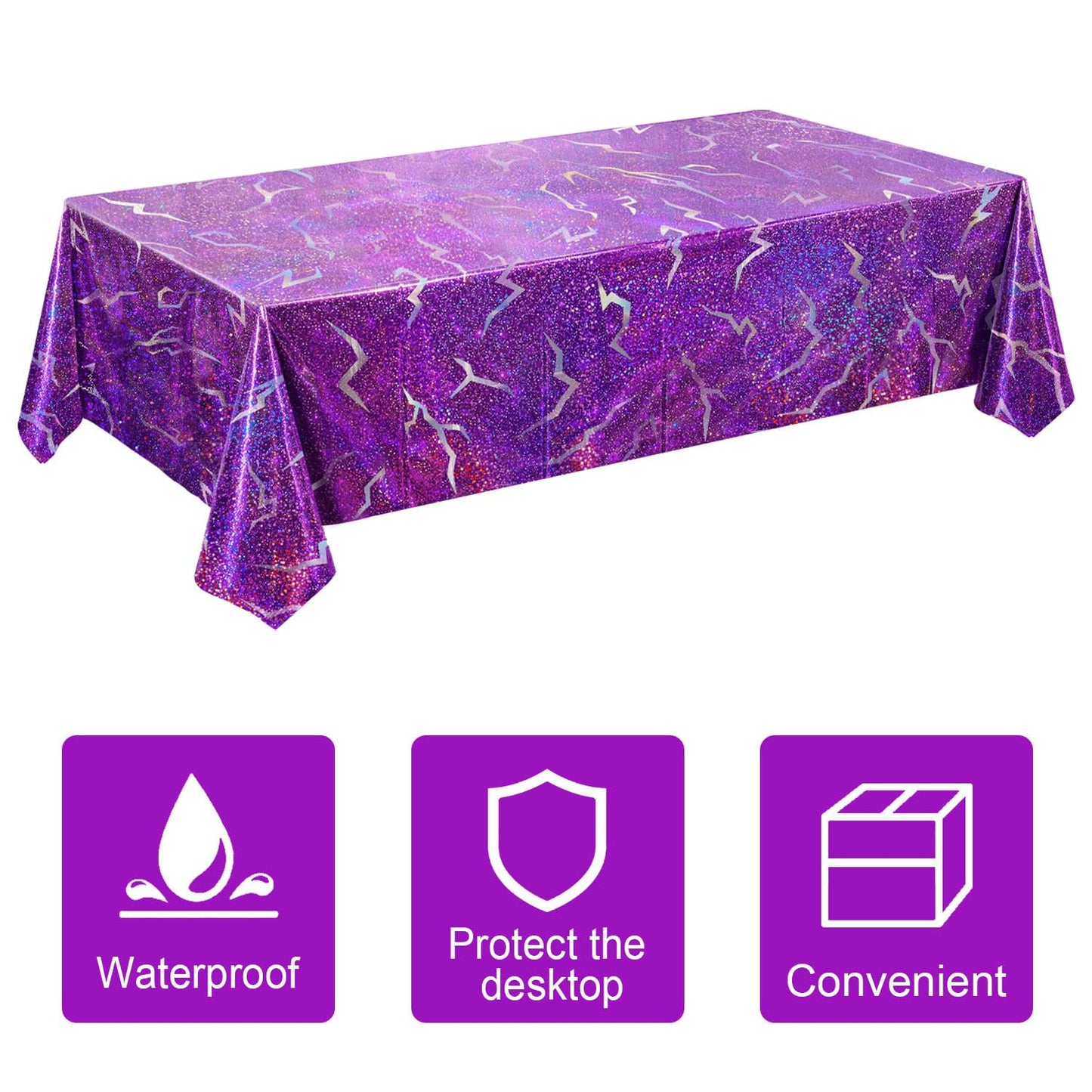 LHFYACI K-Style Birthday Decorations, 3 Pack Holographic Laser Purple Tablecloths, Shiny Lightning Disposable Table Covers for Birthday, Bridal Shower, Bachelorette, Disco Party, 54x108 Inch