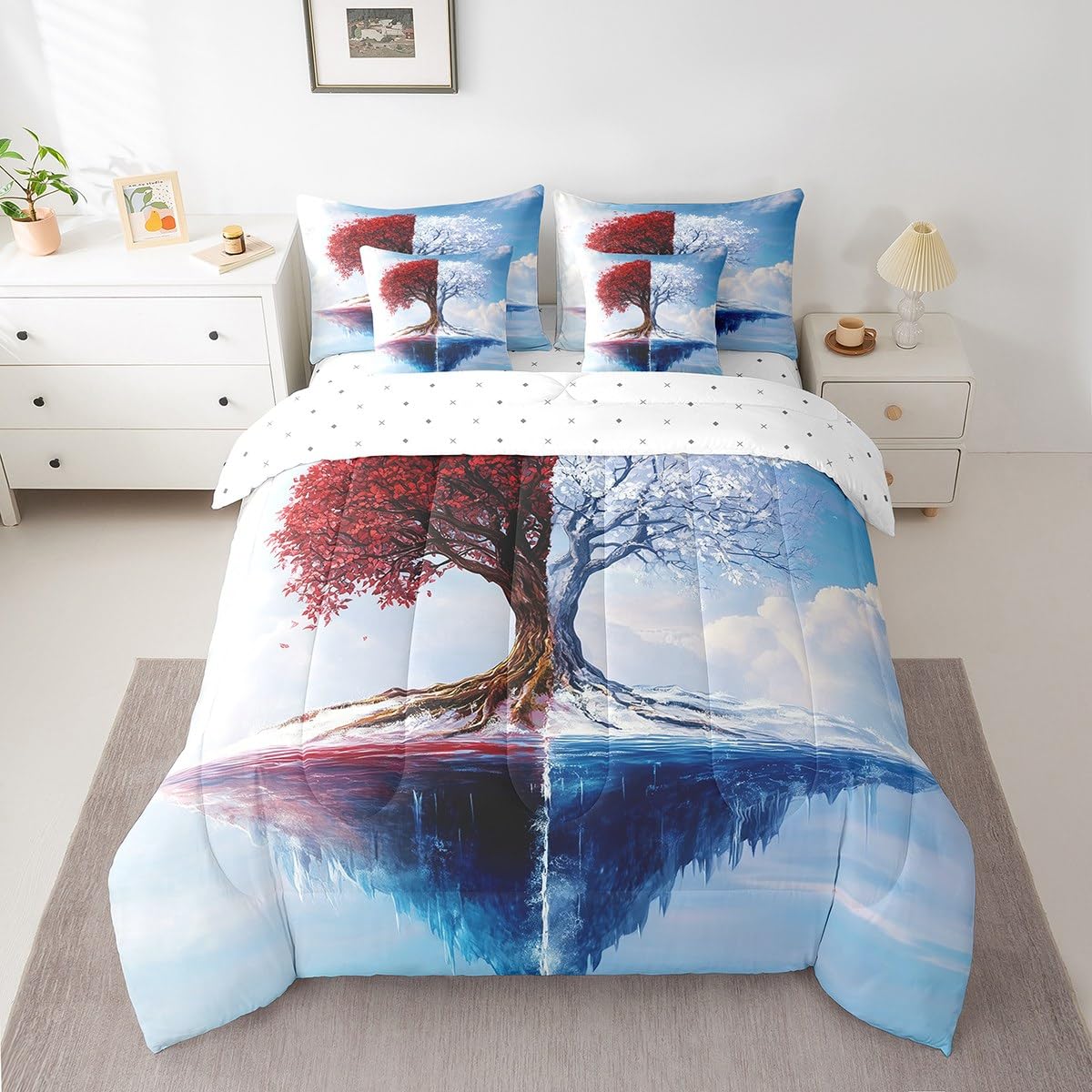 Red and White Tree Branches Pattern 7 Pieces Bedding Set Twin Size Kids Leaf Branches Bed in a Bag with Comforter, Pillowcases Ice Mountain Bed Set Breathable Botanical Room Comforter Set with Sheets