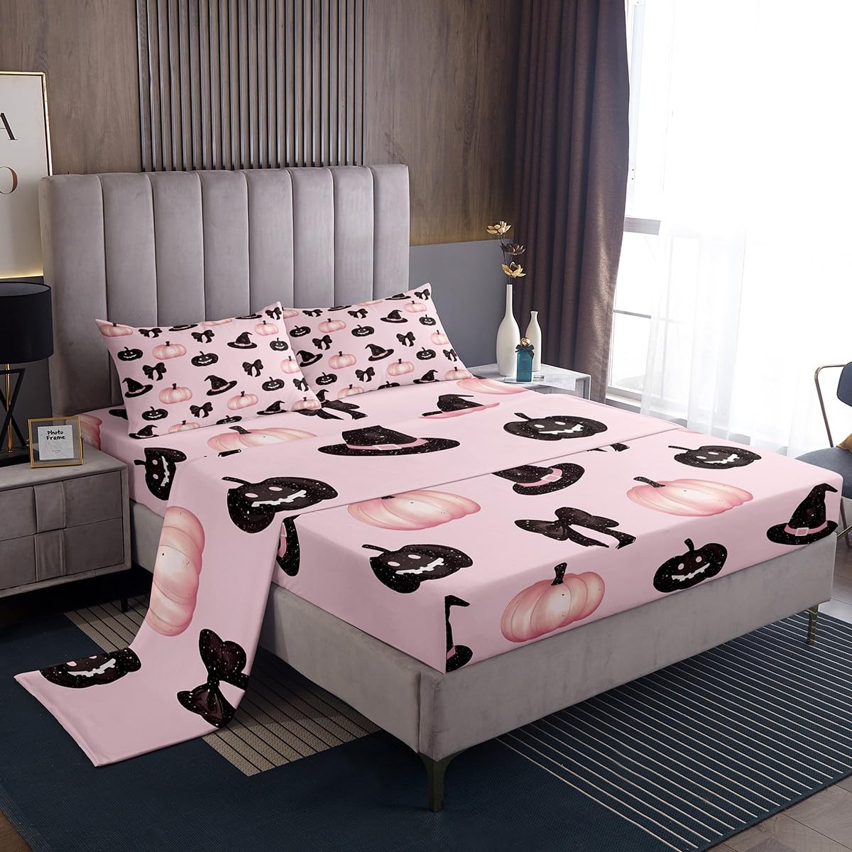 Feelyou Pink Halloween Bed Sheets Sets Full Size Kids Boys Girls Black Bowknot Bedding Set Halloween Decor Bed Sheet Set with 16-Inch Deep Pockets Trick or Treat 4Pcs with 2 Pillow Cases