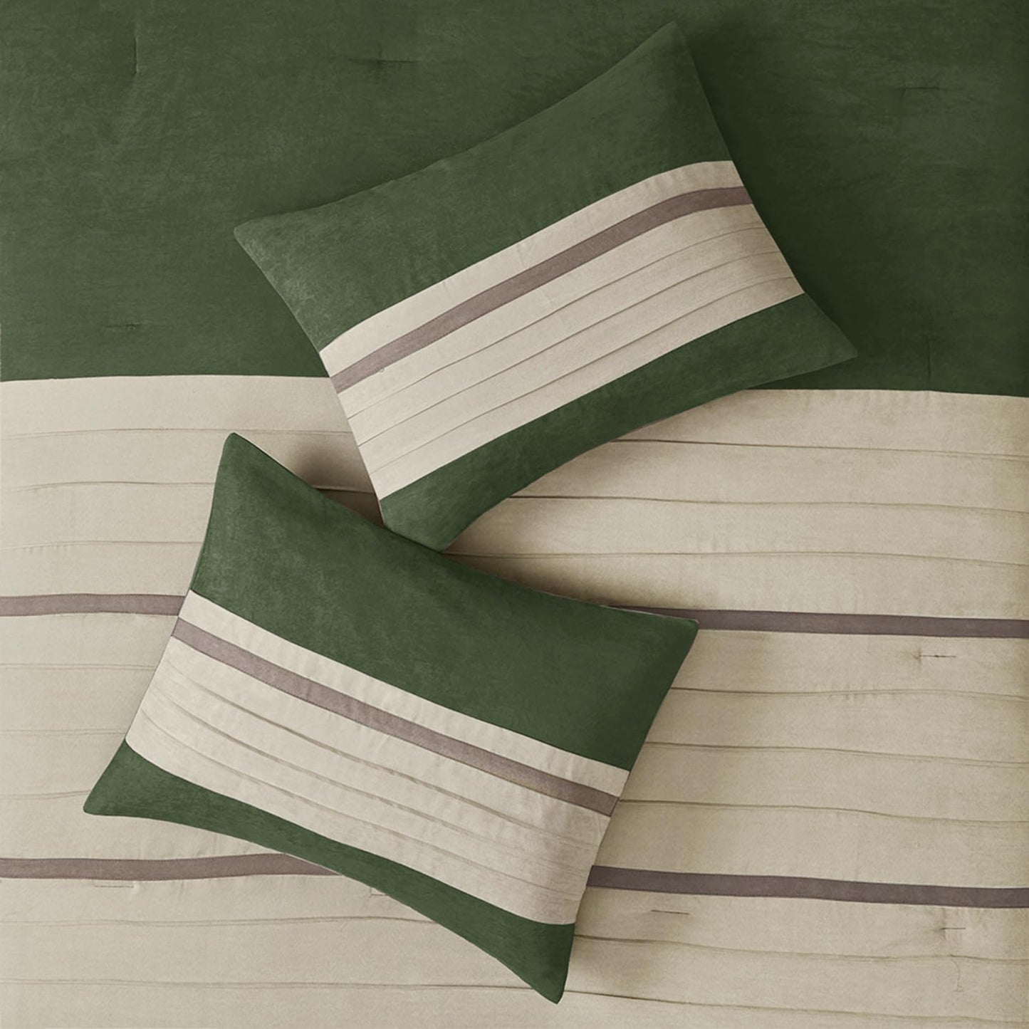 Madison Park Palmer Comforter Set-Luxury Faux Suede Design, Striped Accent, All Season Down Alternative Bedding, Matching Shams, Decorative Pillow, Bed Skirt, King (104 in x 92 in), Green 7 Piece