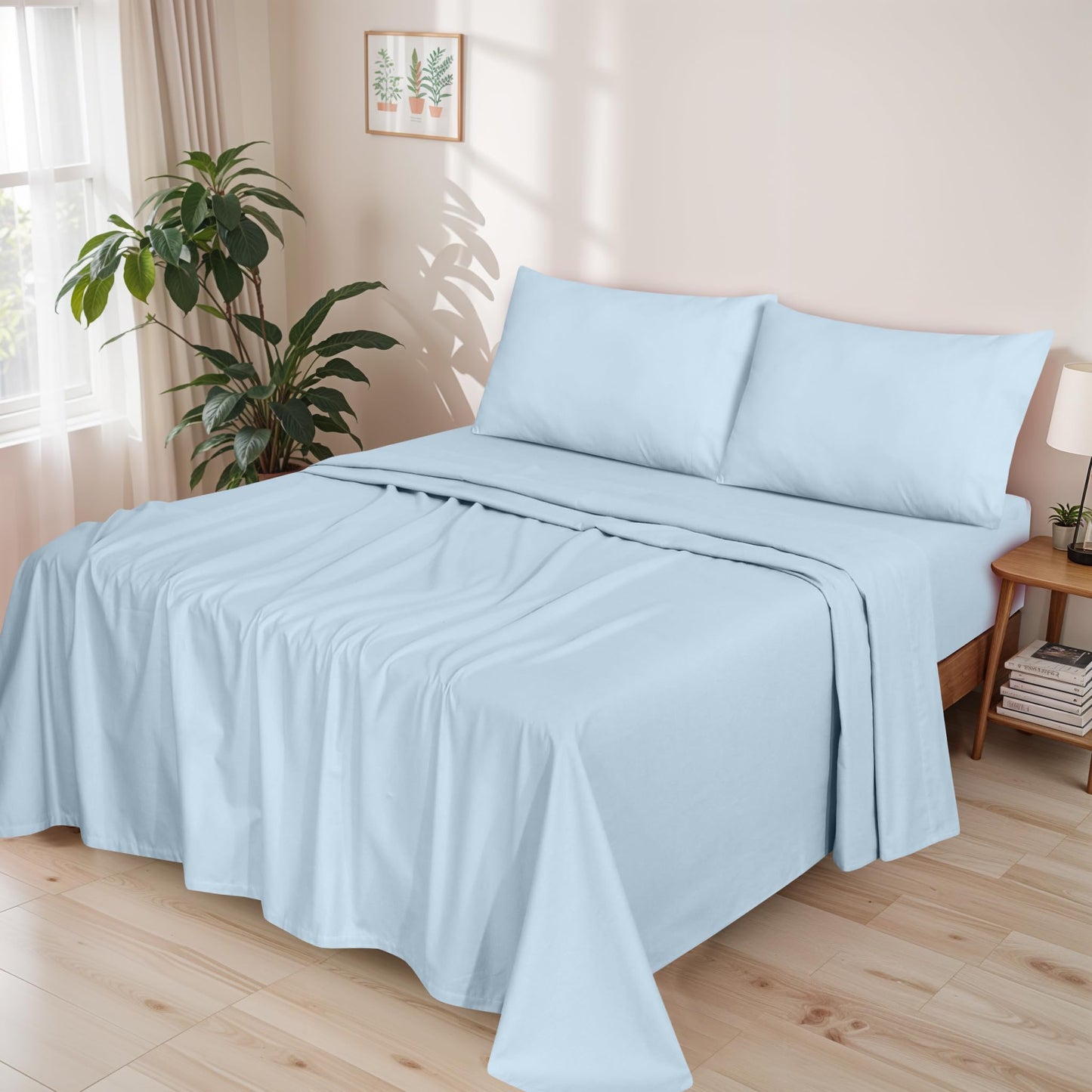 RUVANTI Flannel Sheets Queen Size - GOTS Certified 100% Organic Cotton, 4 Piece Warm, Soft & Breathable Set, Deep Pocket Snug Fit, Double Brushed Cozy All Season Bedding, Baby Blue