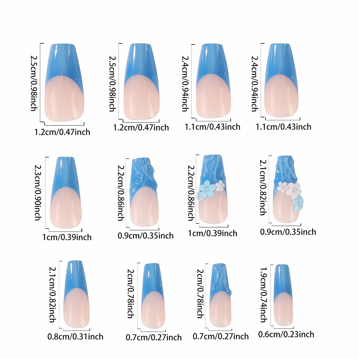 BABALAL Press on Nails Long Coffin Fake Nails Blue French Tip Glue ons with Flower Charm 3D Texture Handmade Design Supplies Art 24Pcs Glossy Manicure Full Cover Acrylic False Nails