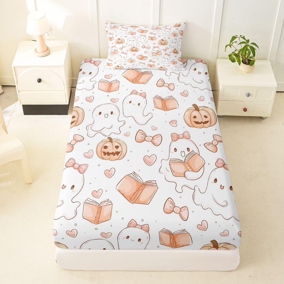 Feelyou Ghost Fitted Sheet Twin Size for Kids Boys Girls Halloween Themed Bed Sheets Set 16" Deep Pocket Soft Breathable Microfiber Trick or Treat Bedding with 1 Pillowcase Room Decor