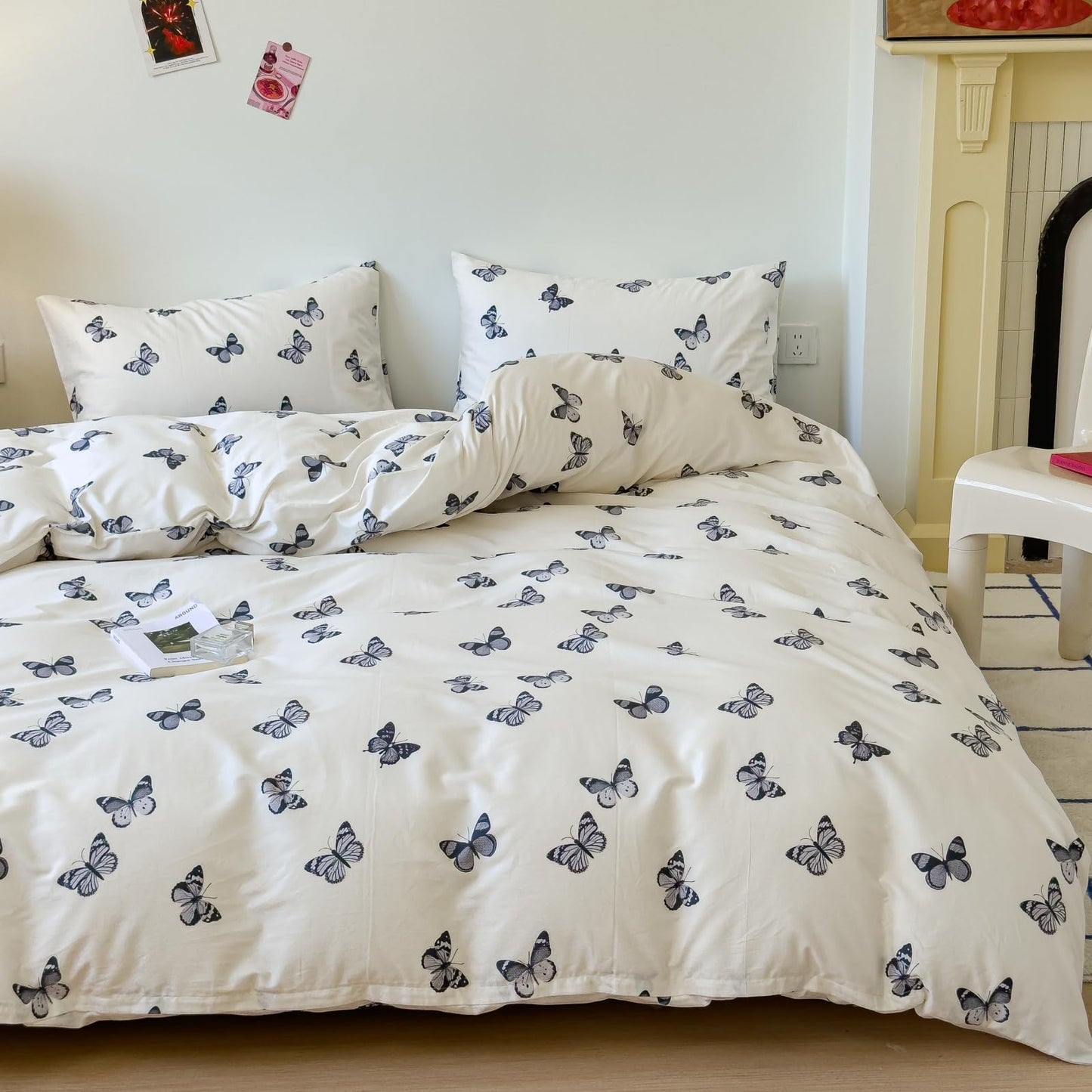 LIWHENHAO Butterfly Duvet Cover Set Queen 100% Cotton Bedding Cartoon Black Butterflies Print on Cream White 1 Kawaii Cute Animal Comforter Cover Full 2 Pillowcases for Kids Girls Boys Woman