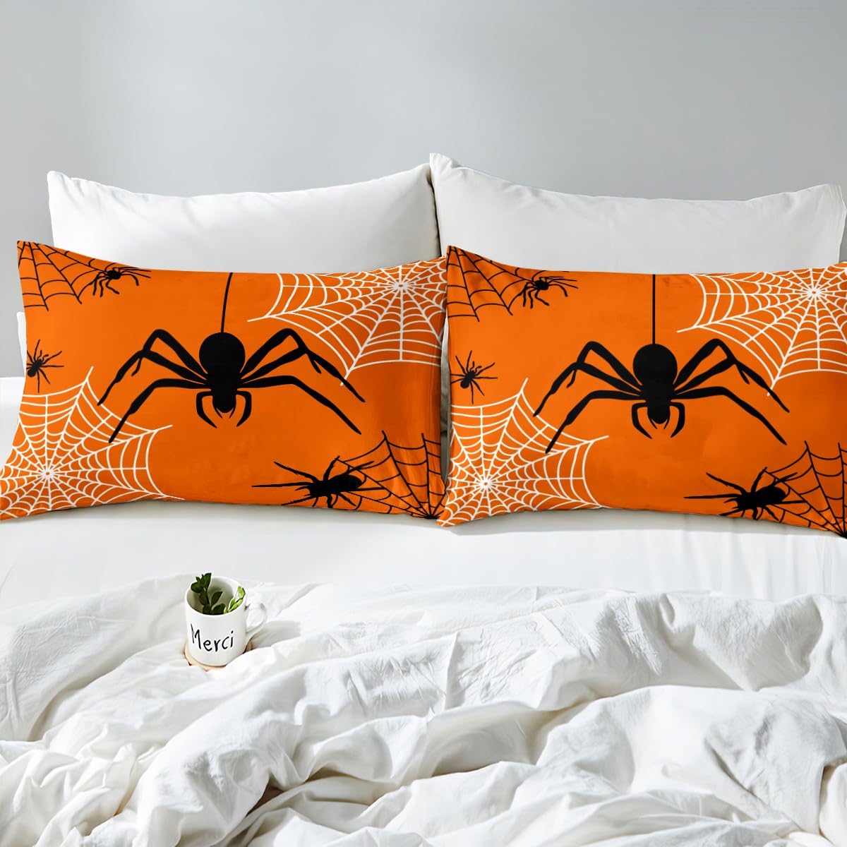Castle Fairy Halloween Bed Sheets Full Size 4 Pcs,Black Spider Wild Animals Bedding Set for Kids Teens Adults,Black White Spider Web Grid Sheet Set with Flat,Fitted Sheet,2 Pillowcases