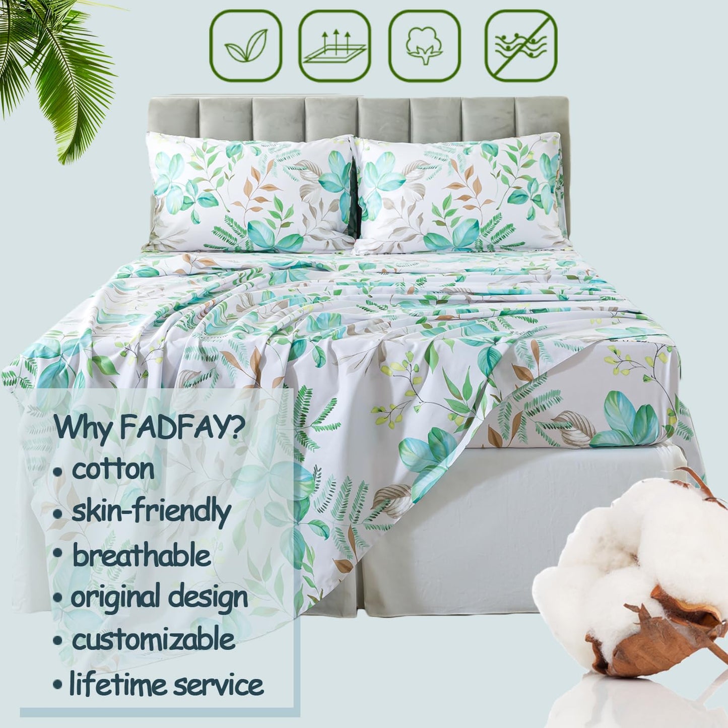 FADFAY Twin Sheet Set 100% Cotton Teal Green Leaf Print, Modern Botanical Bed Sheets, Soft Crisp & Breathable Deep Pocket Fitted Sheet, Luxury 4-Piece Bedding Set