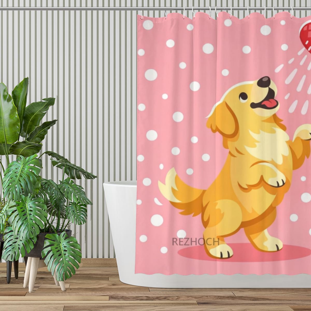 REZHOCH Cute Golden Retriever Shower Curtain 72x72Inch,Fun Animal Pink Home Farm Bathroom Decor,Heart Showerhead Cartoon Dog Waterproof Fabric Kids Girls Farmhouse Bath Set with Hooks