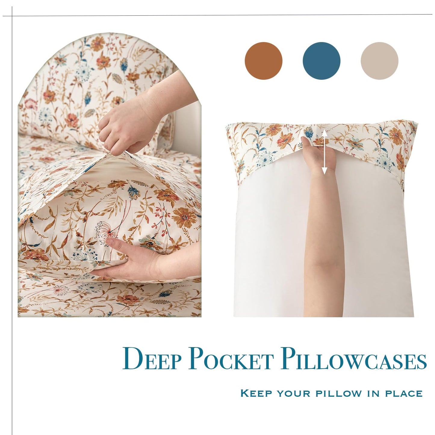 Zusbest Queen Sheets Set 100% Percale Cotton - Boho Floral Botanical Printed Bedding with Deep Pocket 17.5'', Vintage Burnt Orange & Teal Design, 4-Piece Soft Breathable Sheets