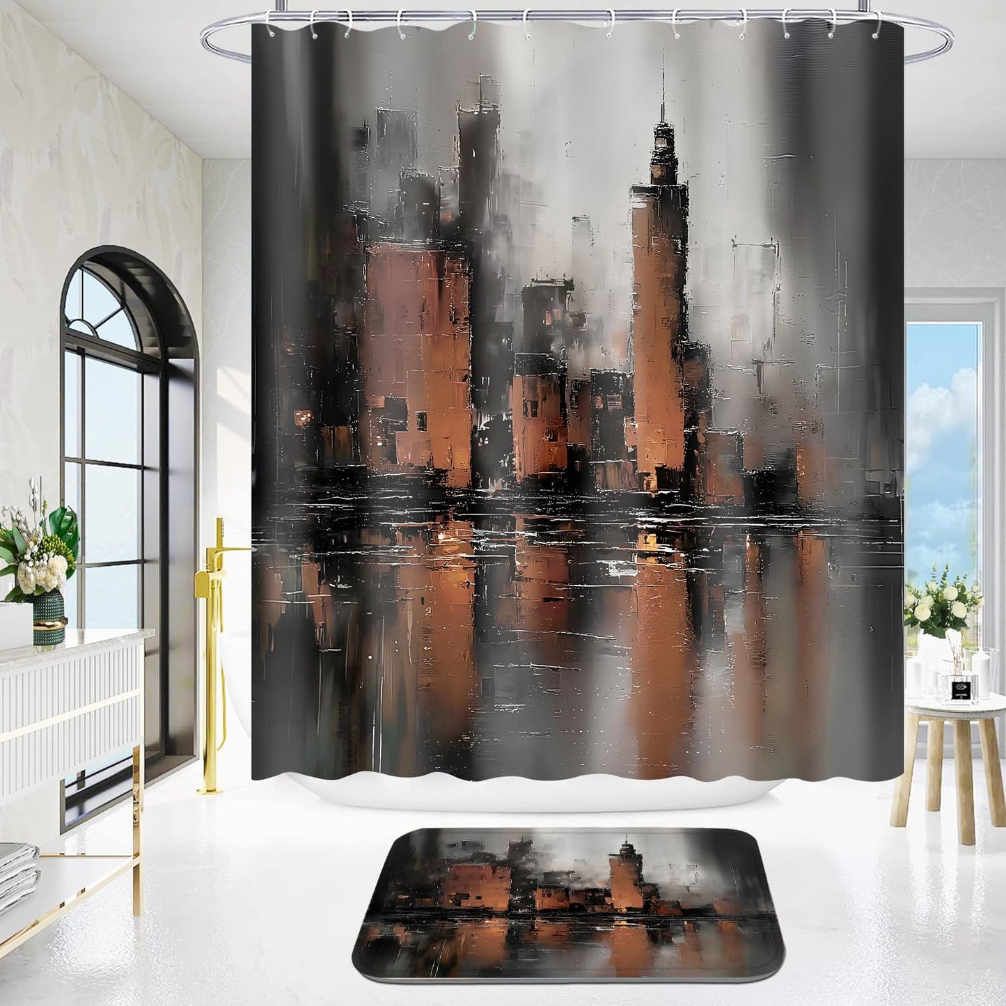 Yddsky 4 Pcs Black and Brown Geometric Shower Curtain Sets with Rugs Black Bathroom Sets with Shower Curtain and Rugs Modern Bathroom Curtains with Toilet Lid Cover for Bathroom Decor Accessories