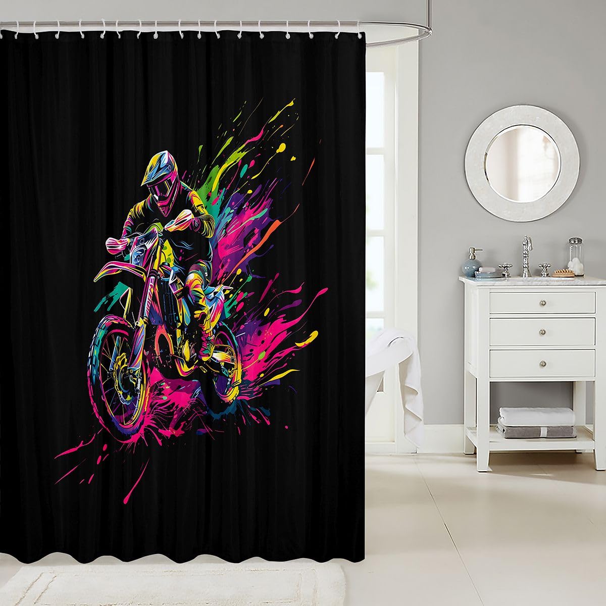Feelyou Dirt Bike Shower Curtain for Bathroom Decor Racing Motocross Rider Bath Curtain for Stalls Bathtubs Motorcycle Bathroom Accessories Waterproof Polyester Fabric with 12 Hooks 72"x78"