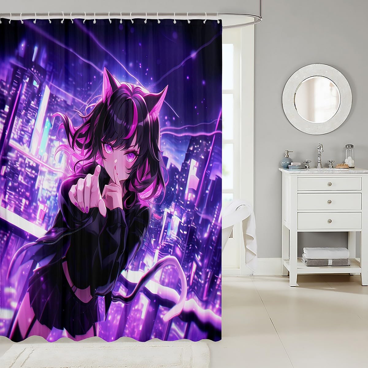 Erosebridal Kids Anime Girl Shower Curtain 72" W X 72" L, Japanese Anime Fabric Shower Curtain, Cartoon Girl Bathroom Accessories for Boys Teens, Kawaii Japanese Animation Waterproof Decor