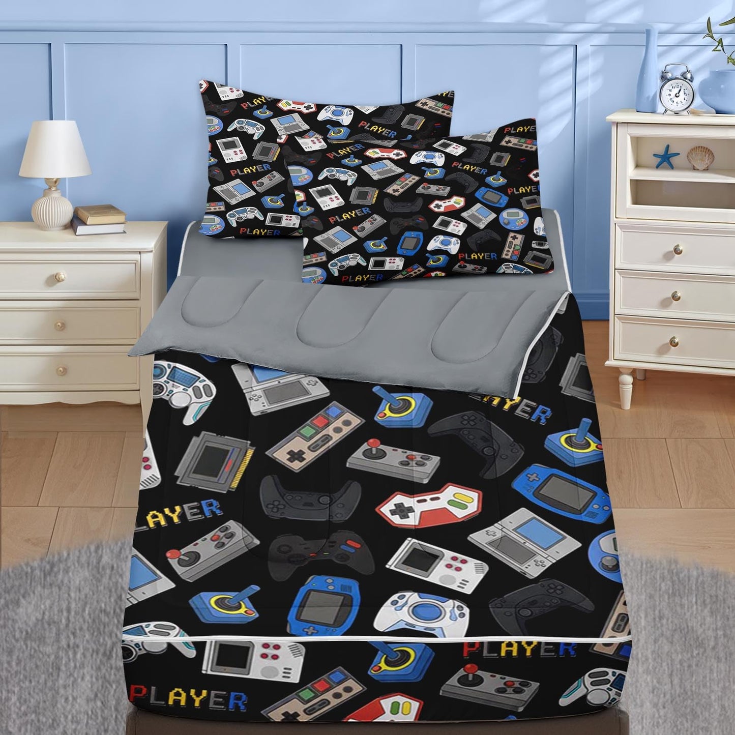 Nesker Zipper Bedding Twin Retro Colorful Gamepad Zip Up Bedding Set for Boys and Kids, Gaming Controller 3 Pcs Comforter Bed in a Bag with Fitted Sheet and 2 Pcs Pillowcases