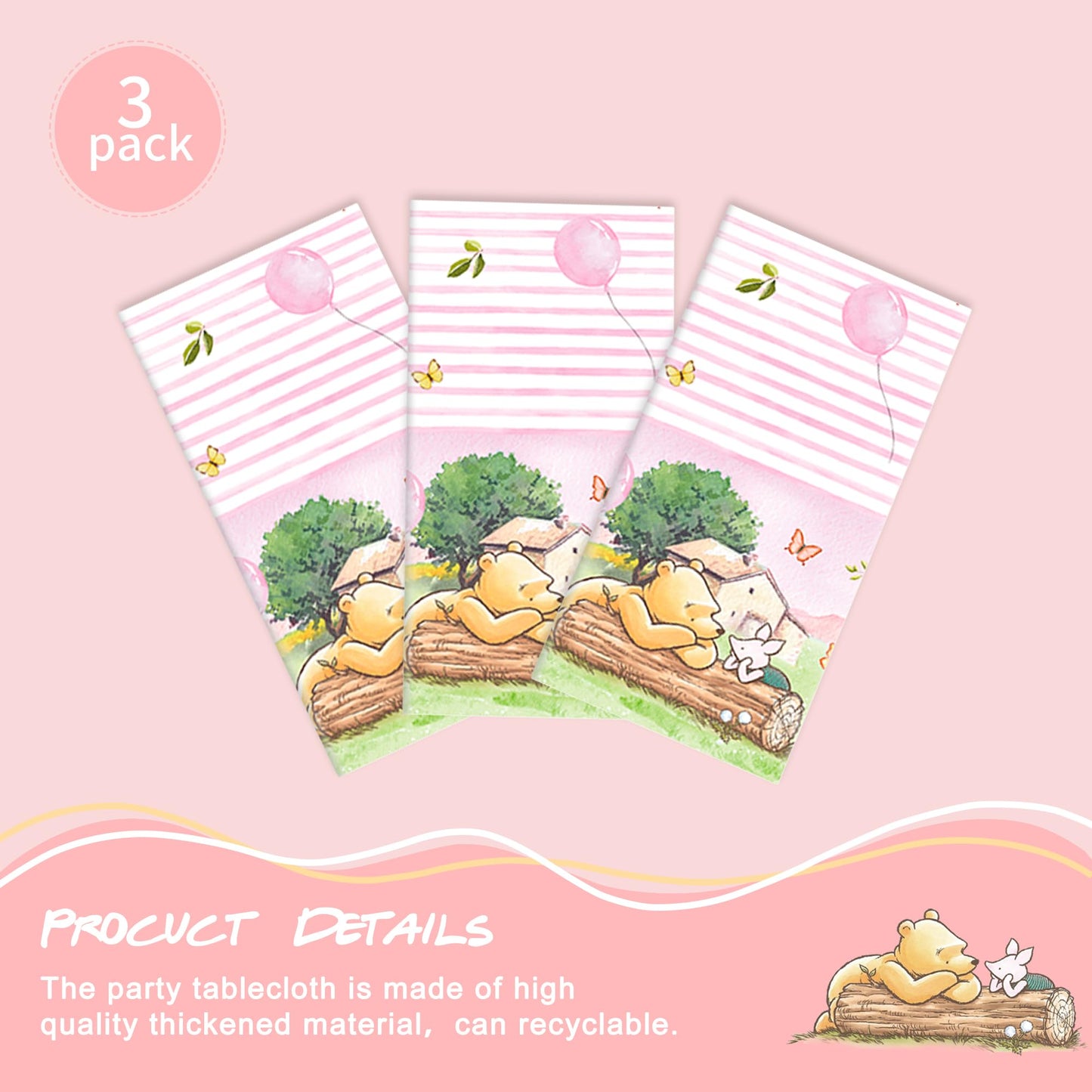 FOLNESH 3PCS Pink Classic Bear Baby Shower Tablecloths, Kids Girls First Birthday Party Decorations Bear Themed Table Cover Party Supplies -54x108IN