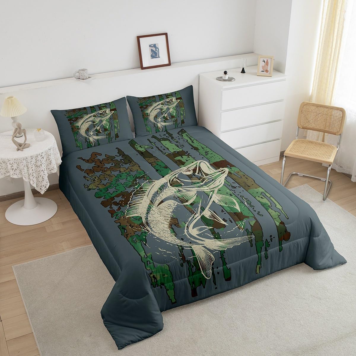 Feelyou Bass Fish Comforter Set Twin Size Green Camouflage Bedding Set for Fishing Lover Gifts Boys Girls Camo Pike Fish Fishing Comforter Wild Fisherman Bed Set Rustic Cabin Bedroom Decor