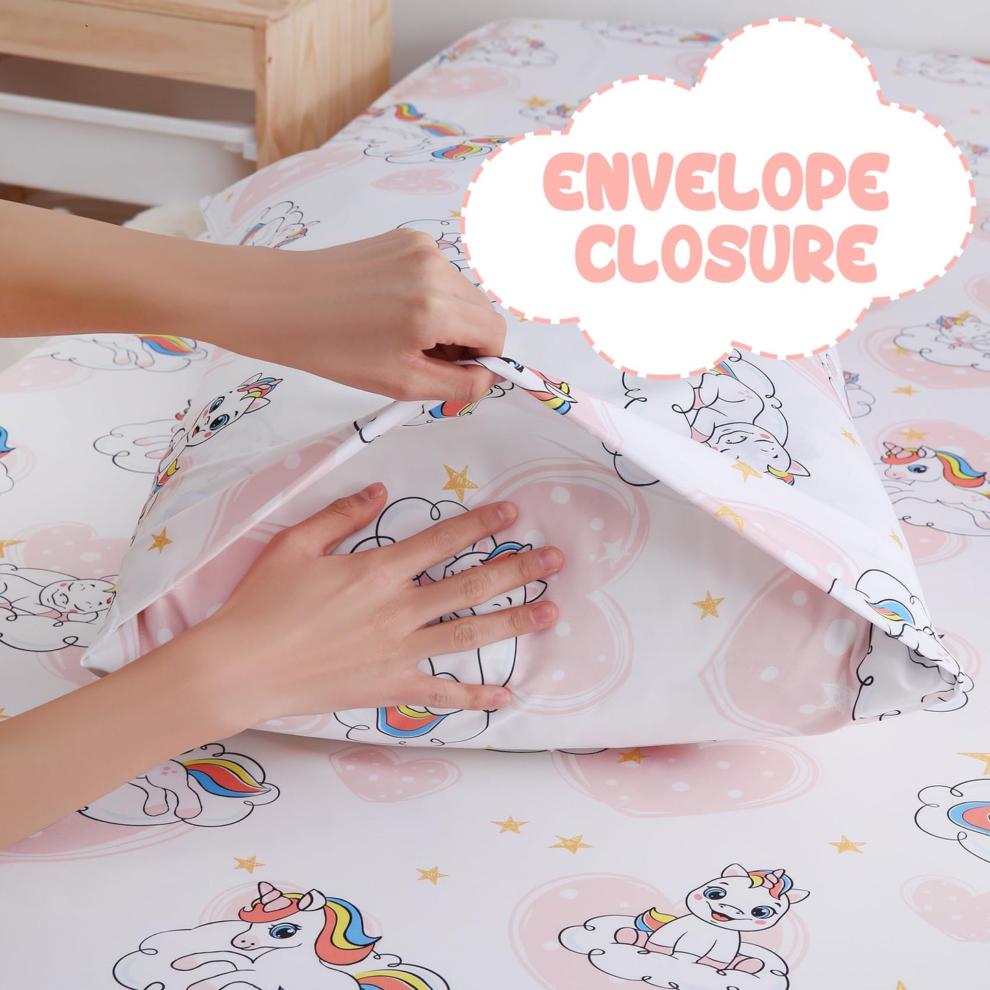 Yibeizi Full Size Sheets Set Kids, Unicorn Pattern Microfiber Double Bed Sheets, Cute Heart Soft Oeko-Tex Extra Deep Pocket Sheets & Pillowcases Cooling Hypoallergenic Wrinkle Free Bedsheets